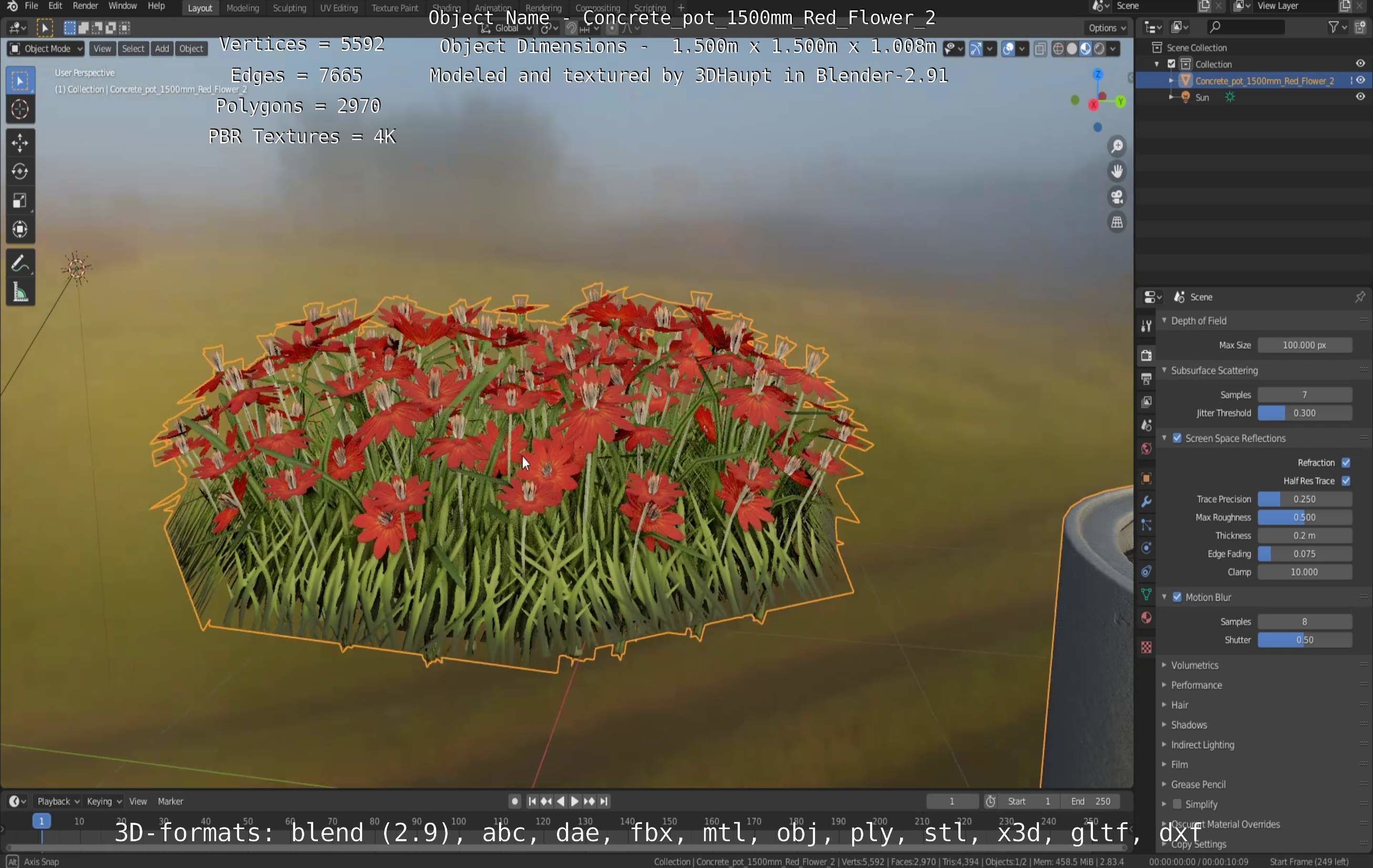 Concrete Pot 1500mm with Red Flowers Version 2 Low-poly 3D model_23