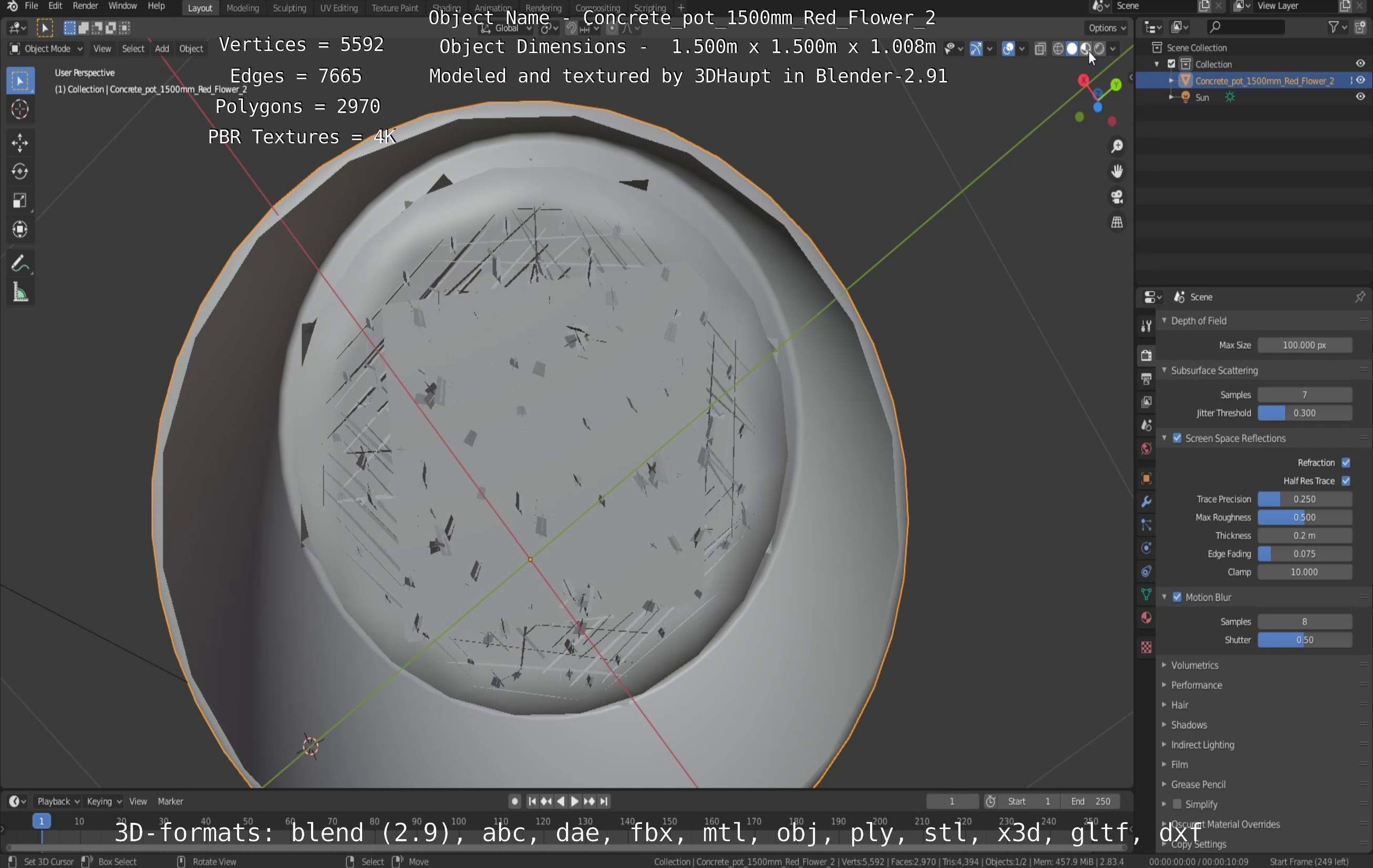 Concrete Pot 1500mm with Red Flowers Version 2 Low-poly 3D model_67