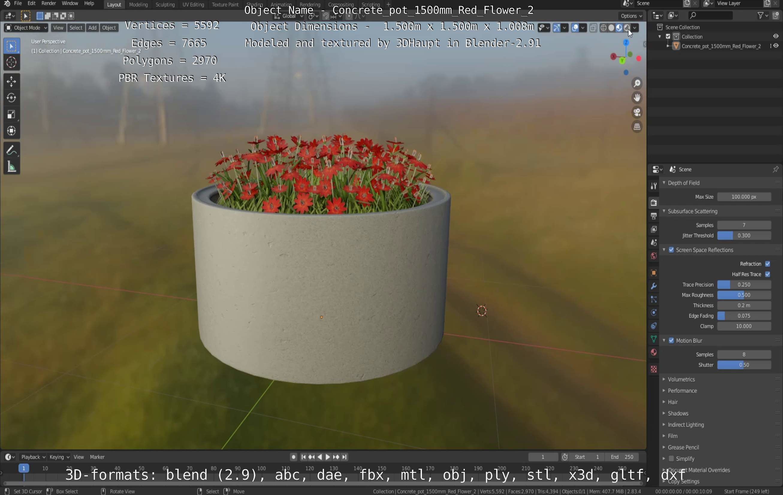 Concrete Pot 1500mm with Red Flowers Version 2 Low-poly 3D model_103