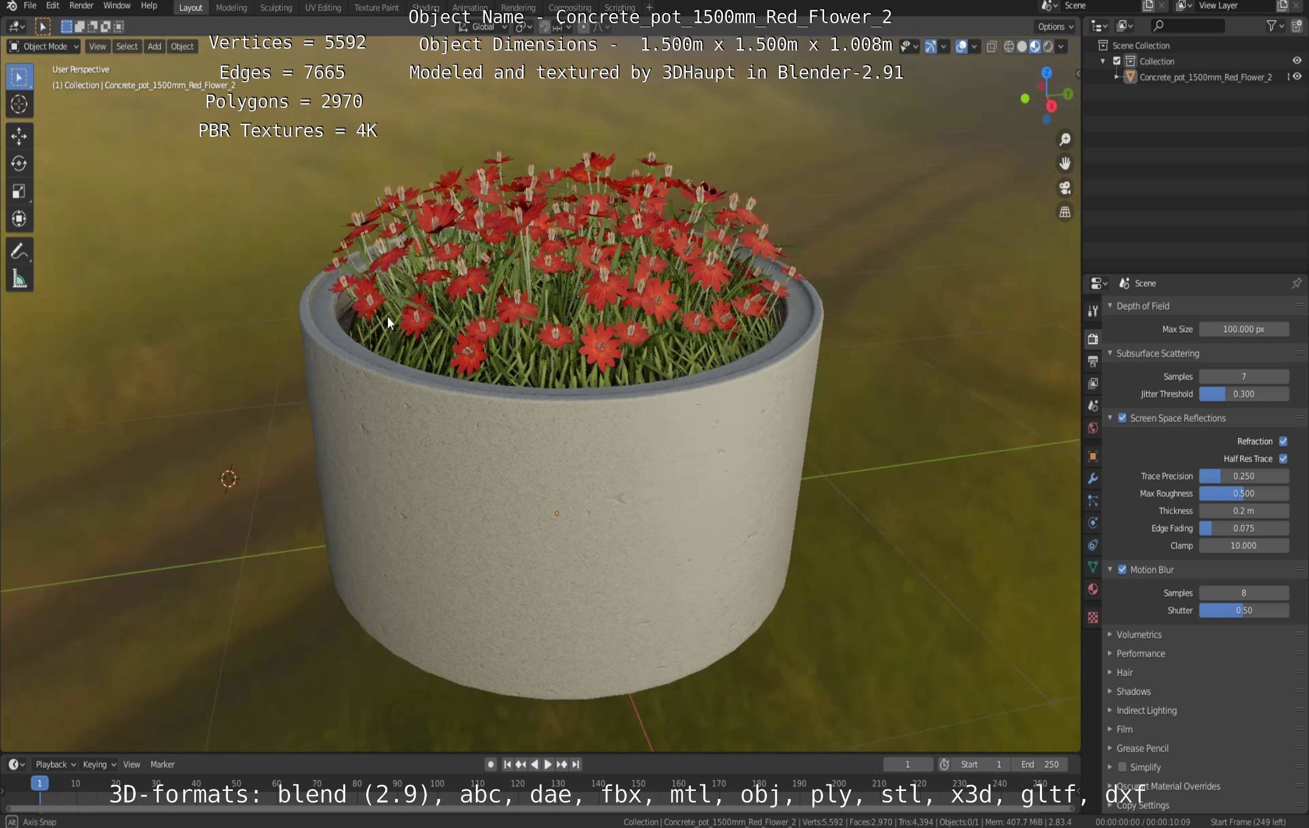 Concrete Pot 1500mm with Red Flowers Version 2 Low-poly 3D model_92