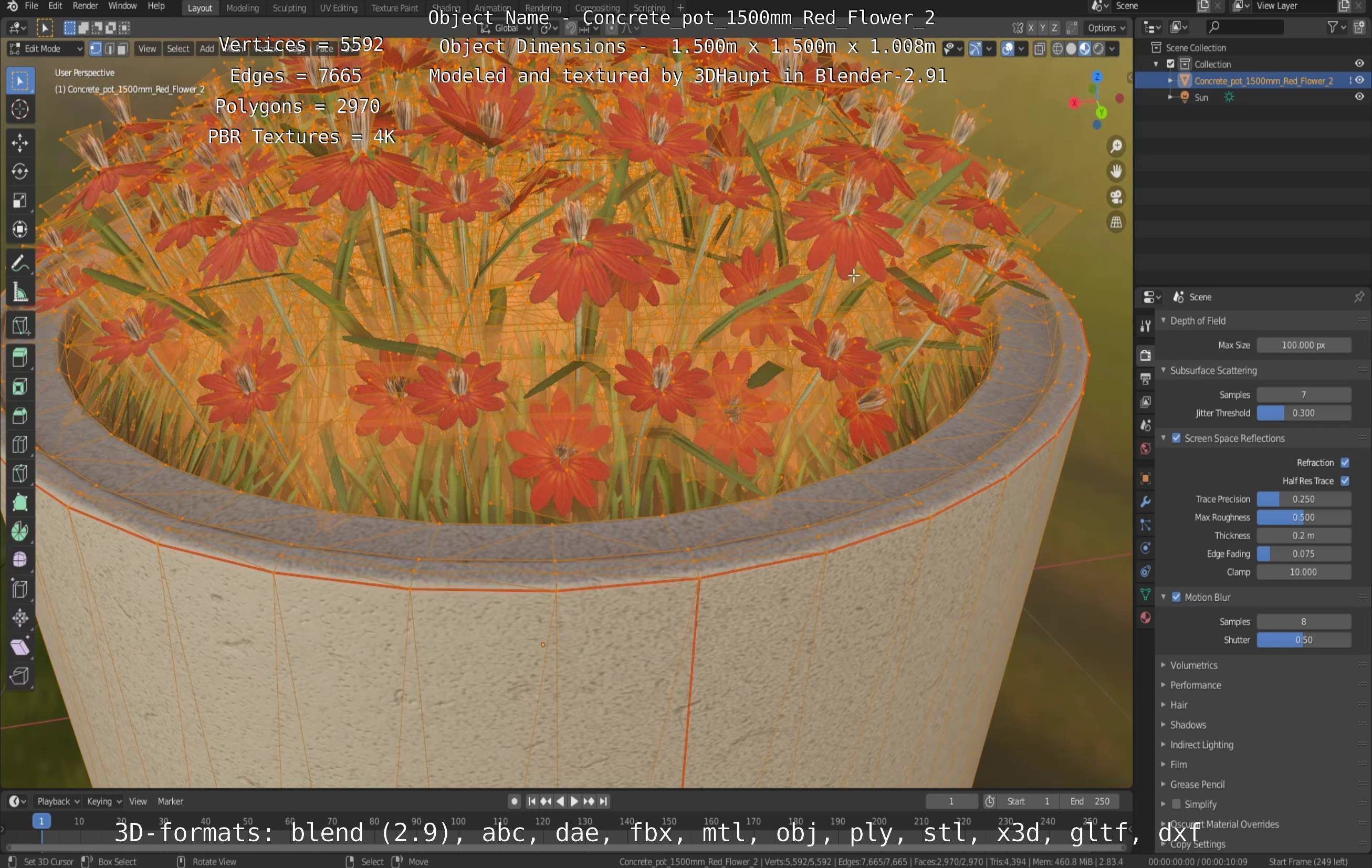 Concrete Pot 1500mm with Red Flowers Version 2 Low-poly 3D model_2