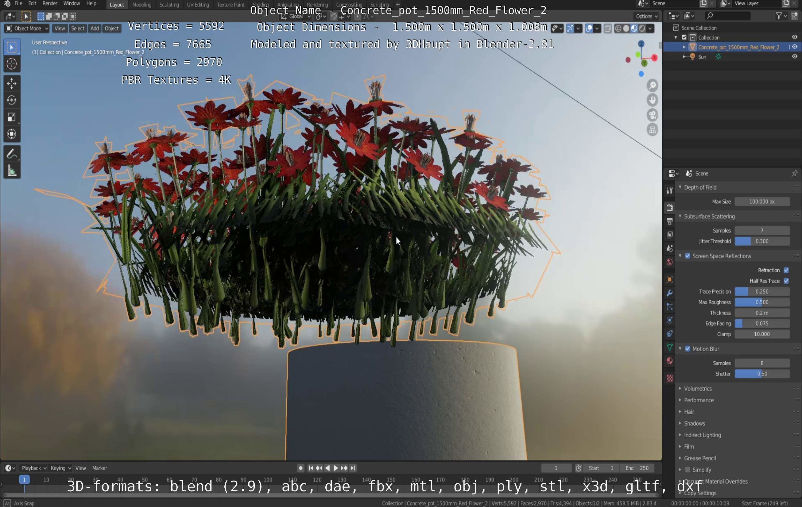 Concrete Pot 1500mm with Red Flowers Version 2 Low-poly 3D model_26