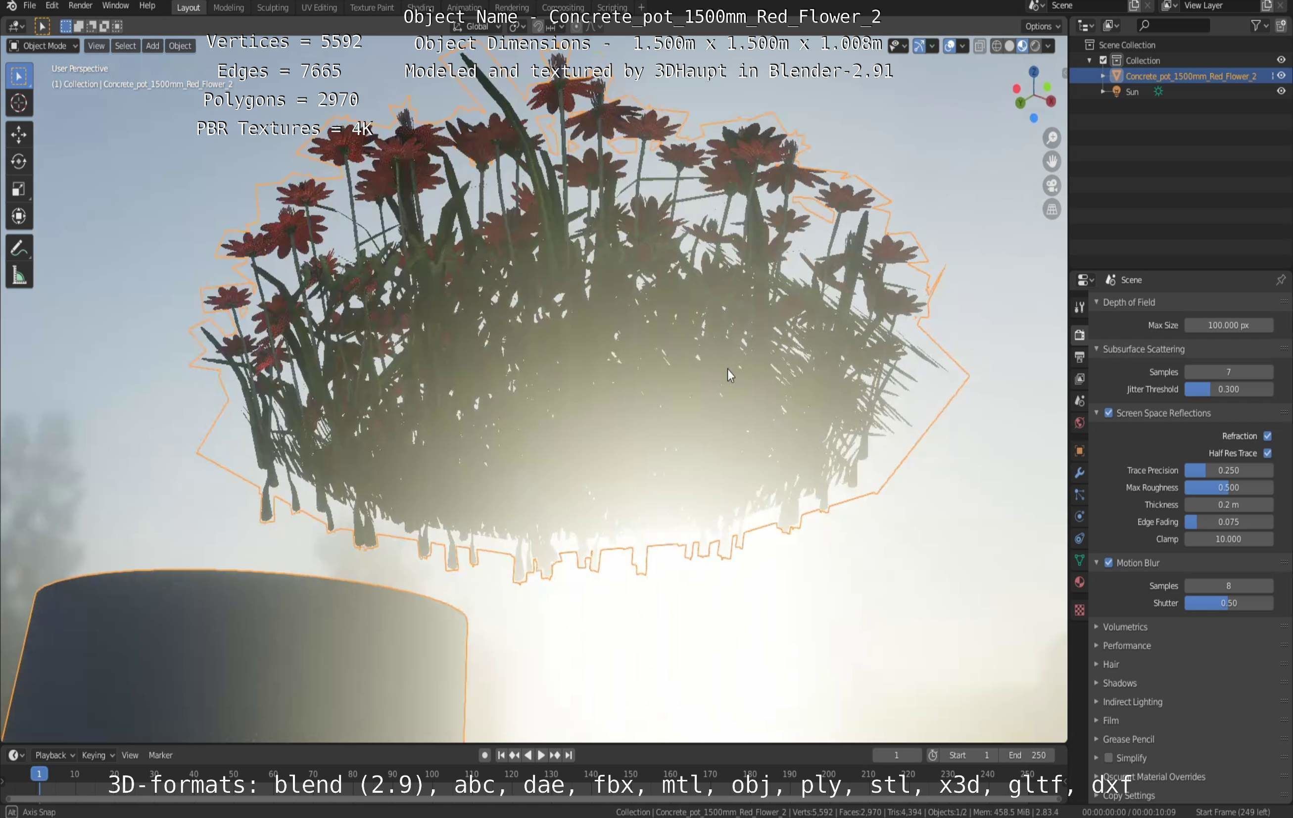 Concrete Pot 1500mm with Red Flowers Version 2 Low-poly 3D model_27