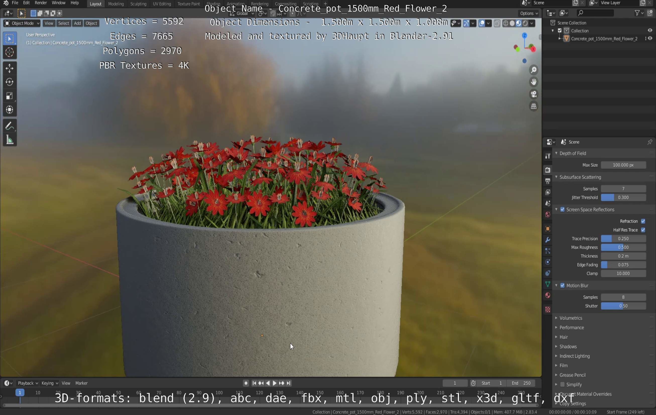 Concrete Pot 1500mm with Red Flowers Version 2 Low-poly 3D model_47
