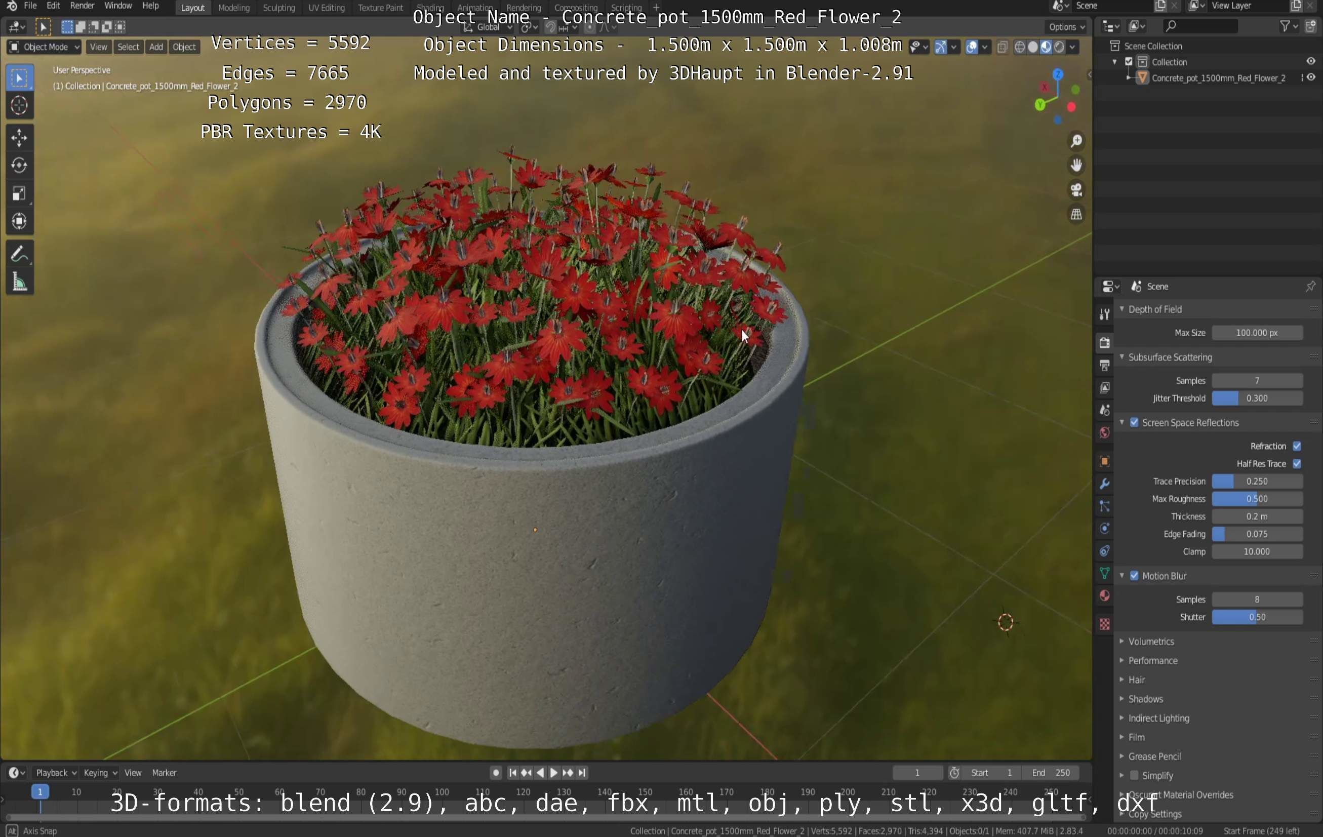 Concrete Pot 1500mm with Red Flowers Version 2 Low-poly 3D model_32