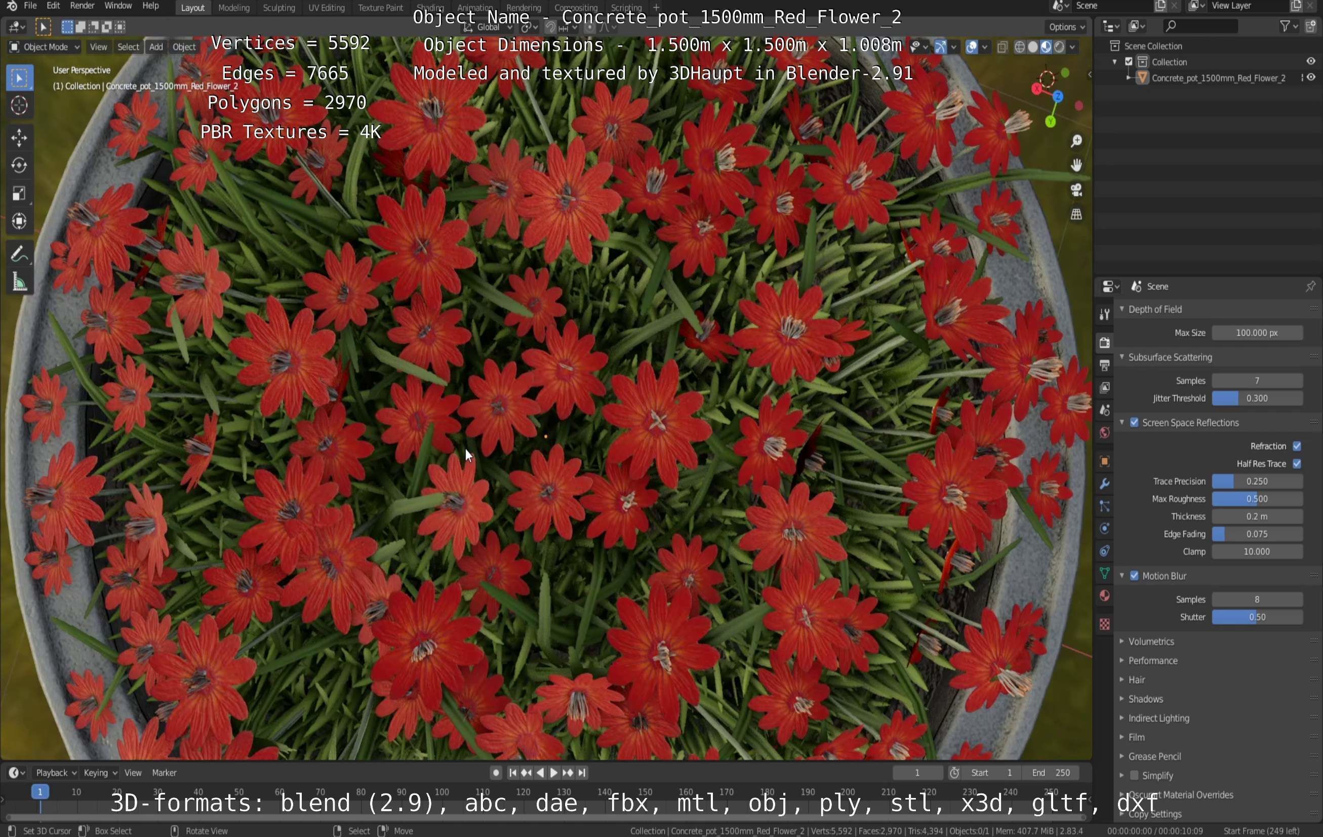 Concrete Pot 1500mm with Red Flowers Version 2 Low-poly 3D model_37