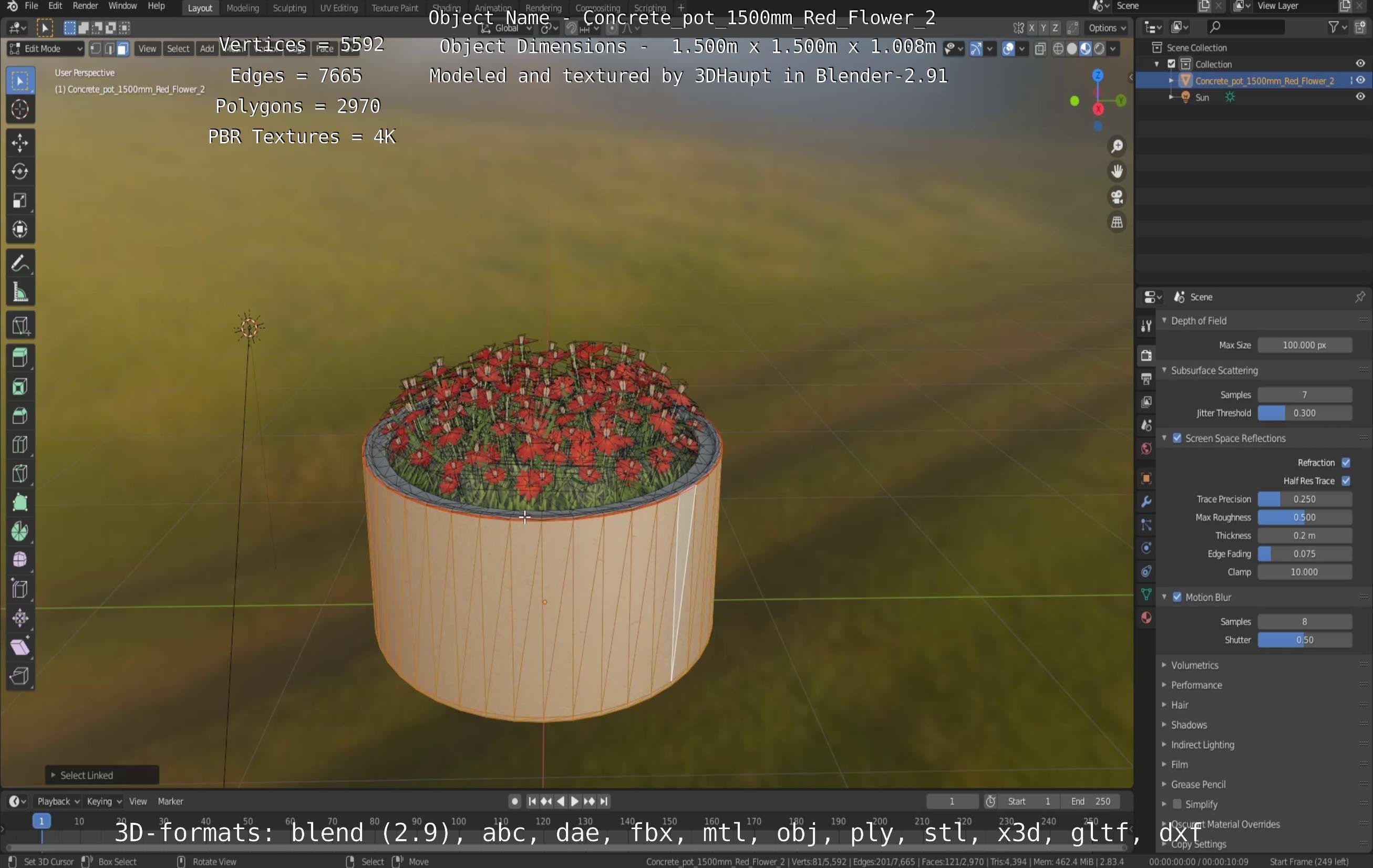 Concrete Pot 1500mm with Red Flowers Version 2 Low-poly 3D model_72