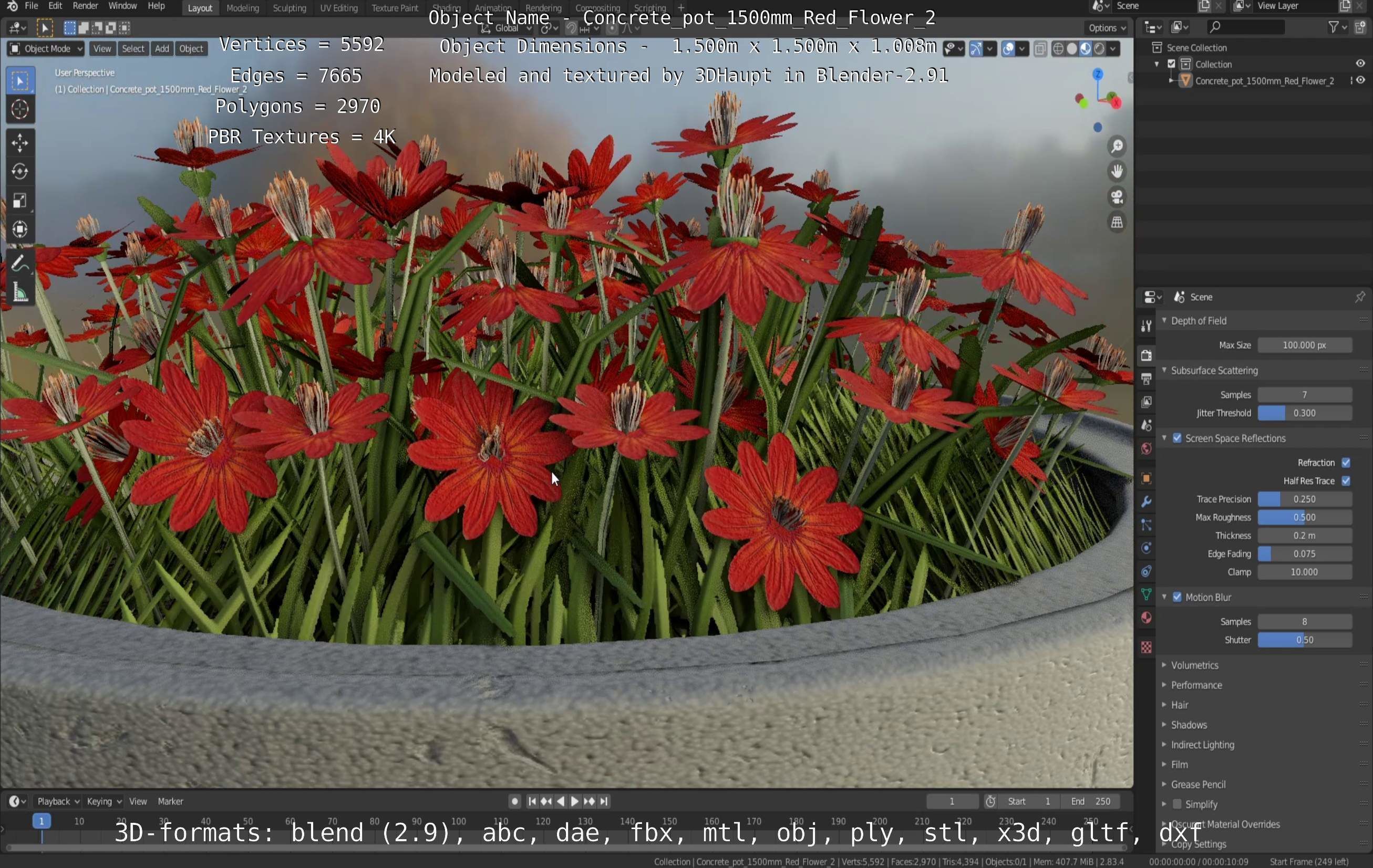 Concrete Pot 1500mm with Red Flowers Version 2 Low-poly 3D model_44