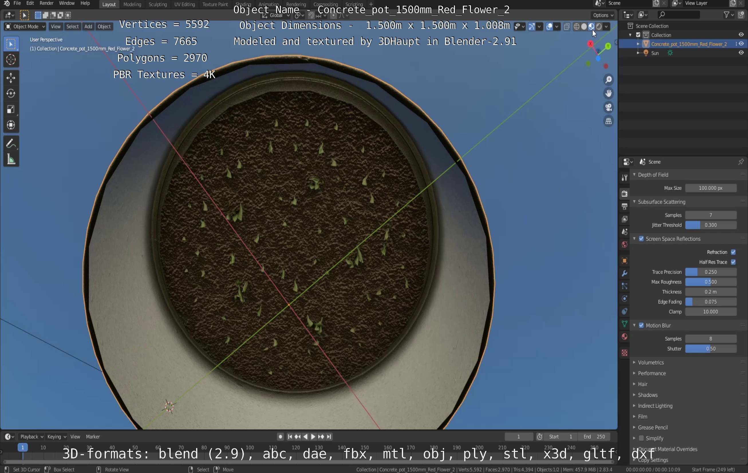 Concrete Pot 1500mm with Red Flowers Version 2 Low-poly 3D model_15