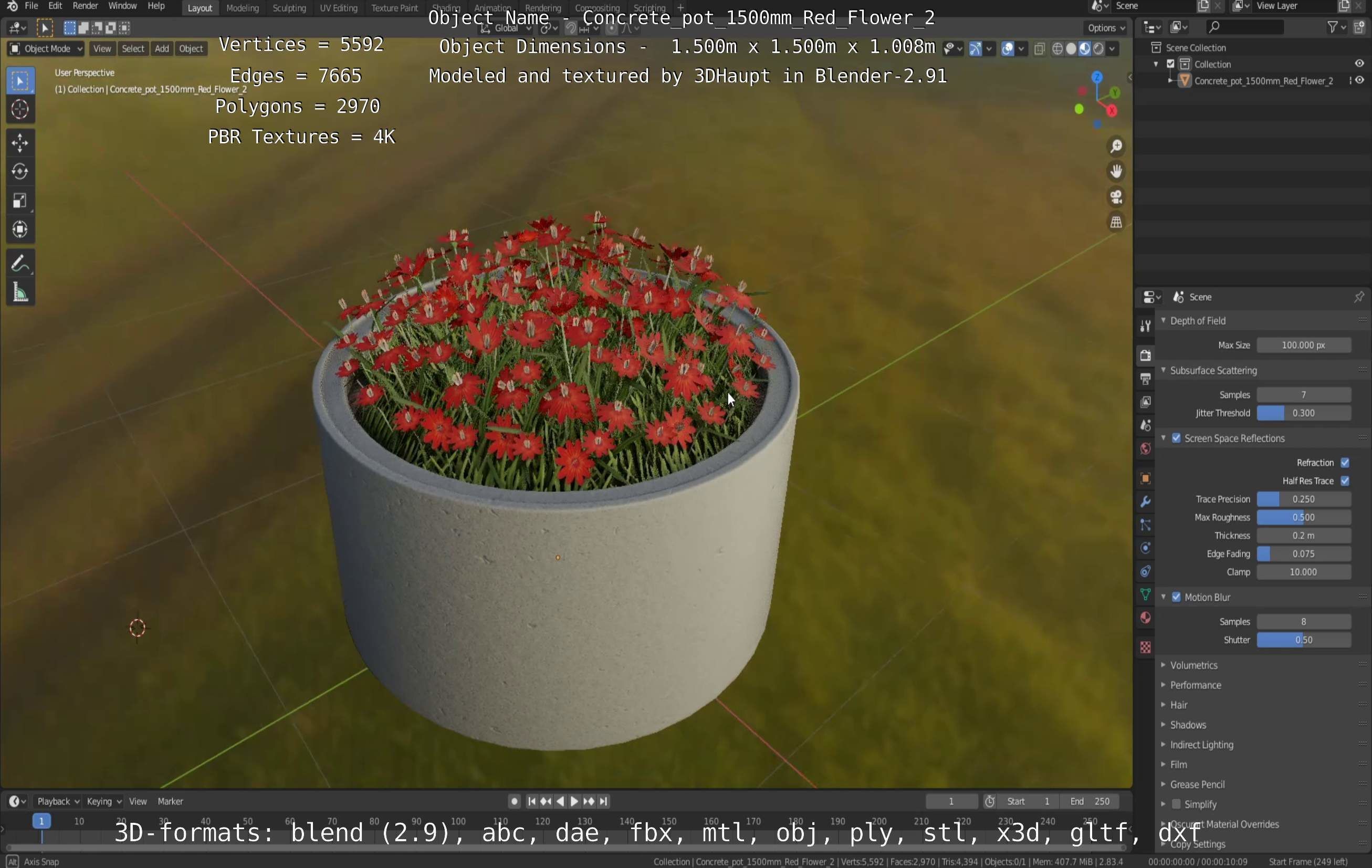 Concrete Pot 1500mm with Red Flowers Version 2 Low-poly 3D model_50