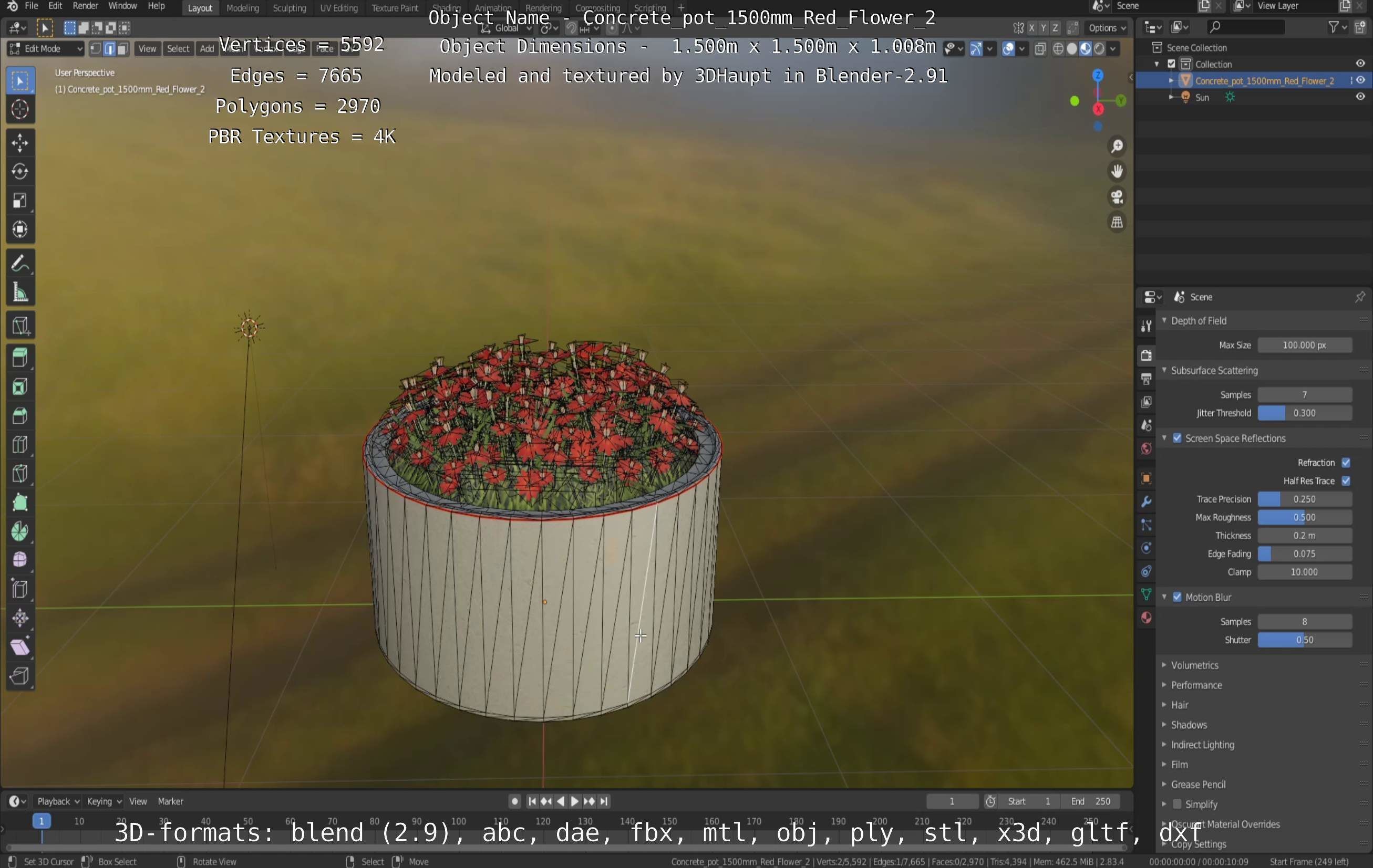 Concrete Pot 1500mm with Red Flowers Version 2 Low-poly 3D model_77