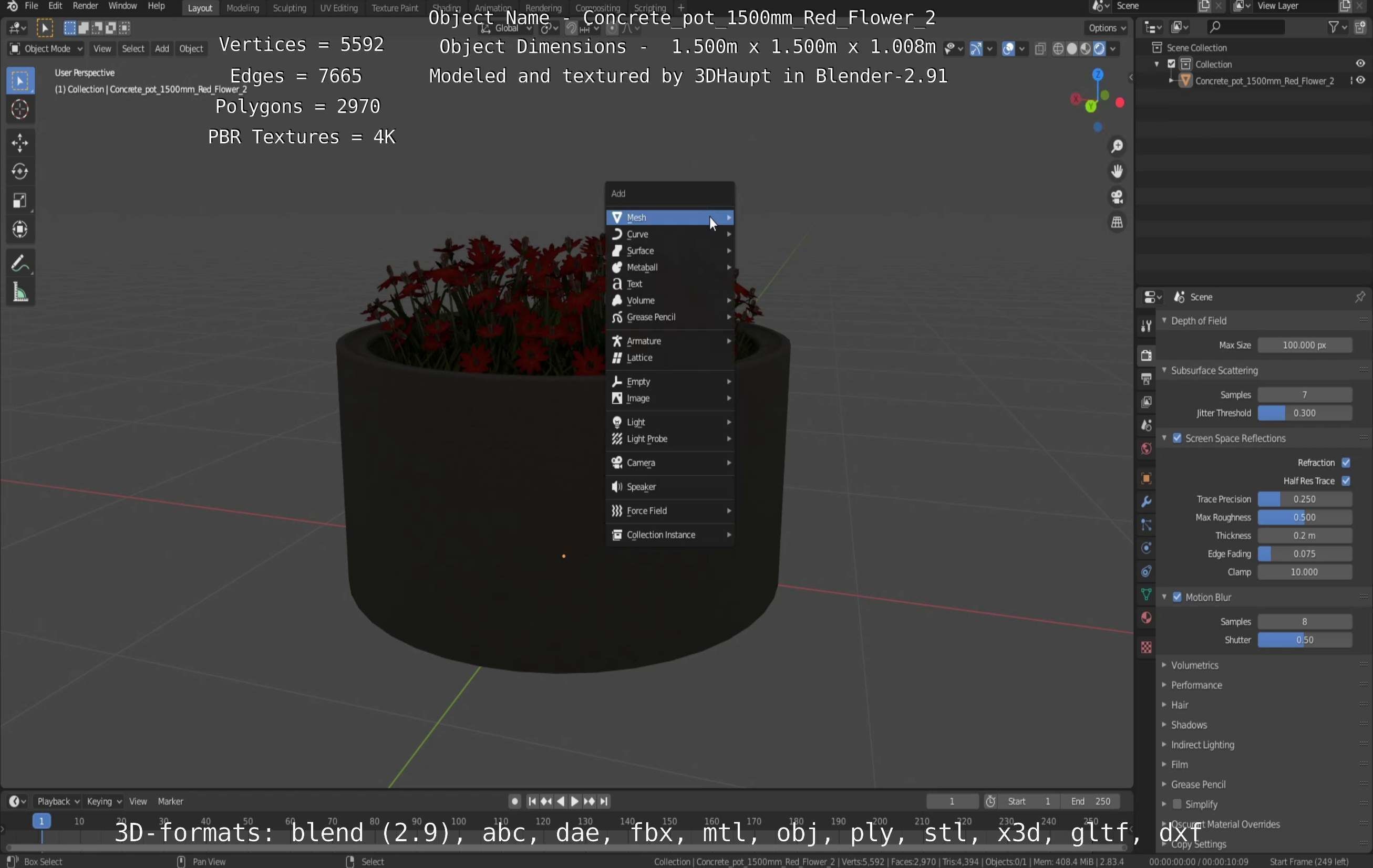 Concrete Pot 1500mm with Red Flowers Version 2 Low-poly 3D model_113