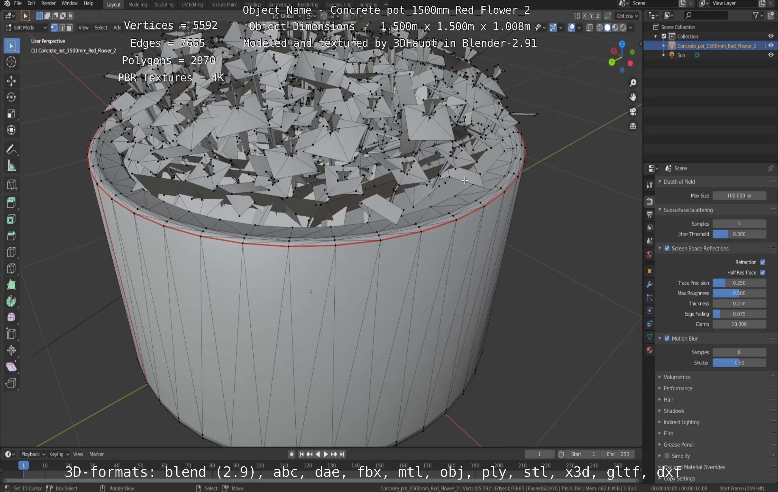 Concrete Pot 1500mm with Red Flowers Version 2 Low-poly 3D model_8