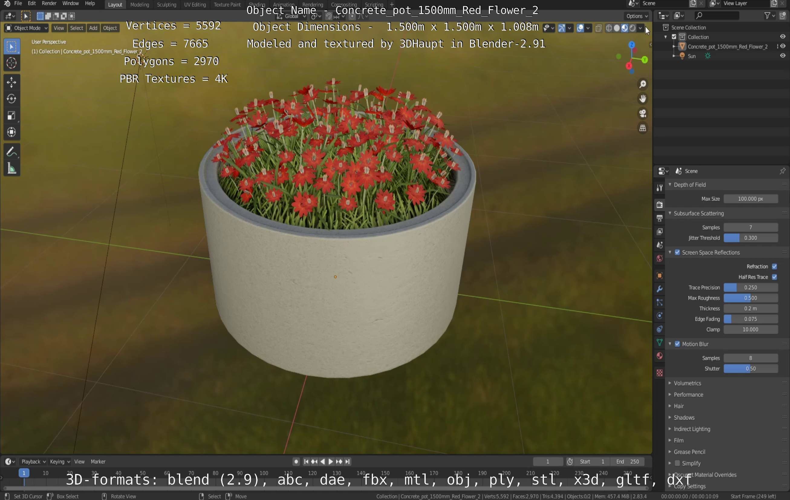 Concrete Pot 1500mm with Red Flowers Version 2 Low-poly 3D model_135