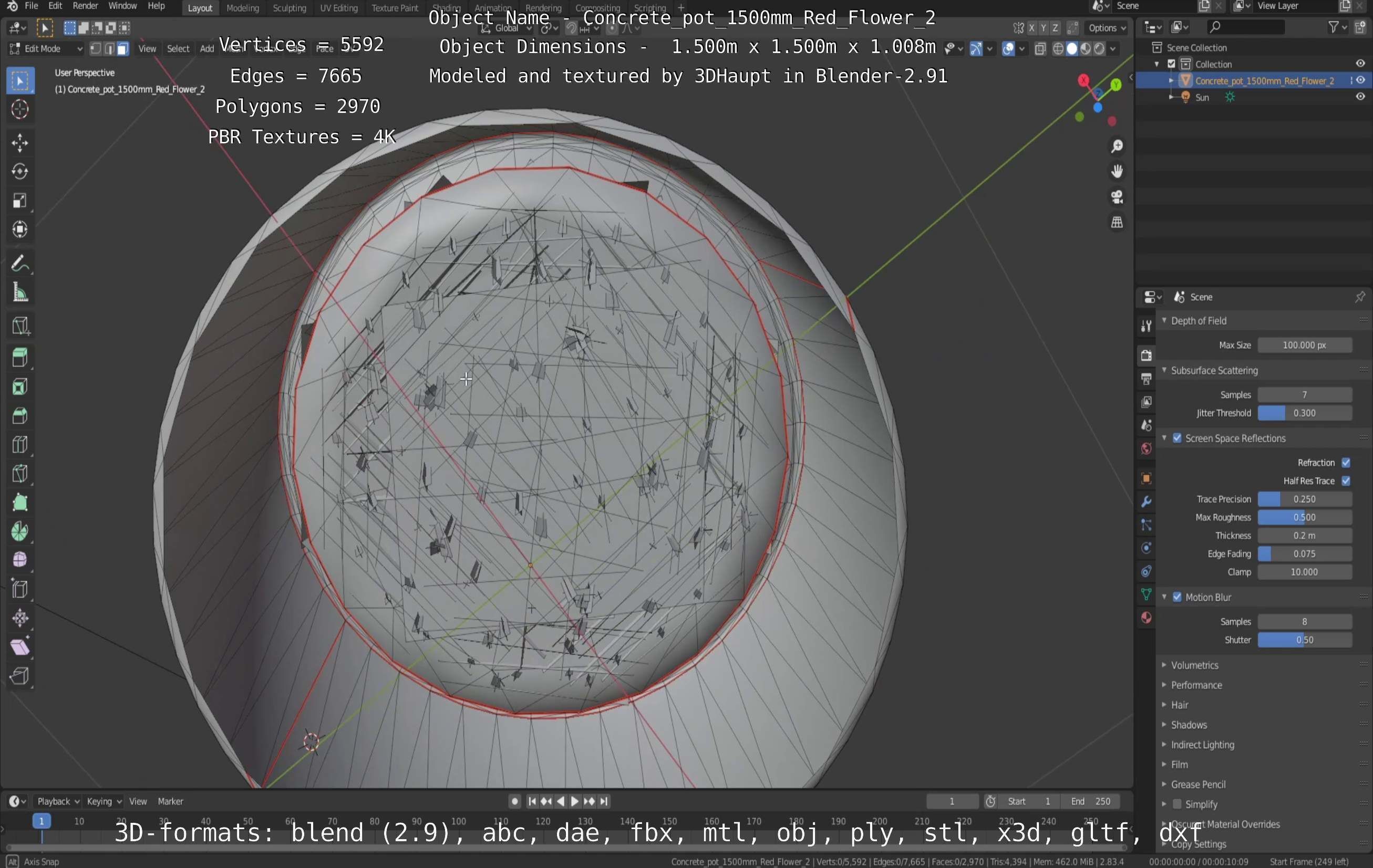 Concrete Pot 1500mm with Red Flowers Version 2 Low-poly 3D model_63