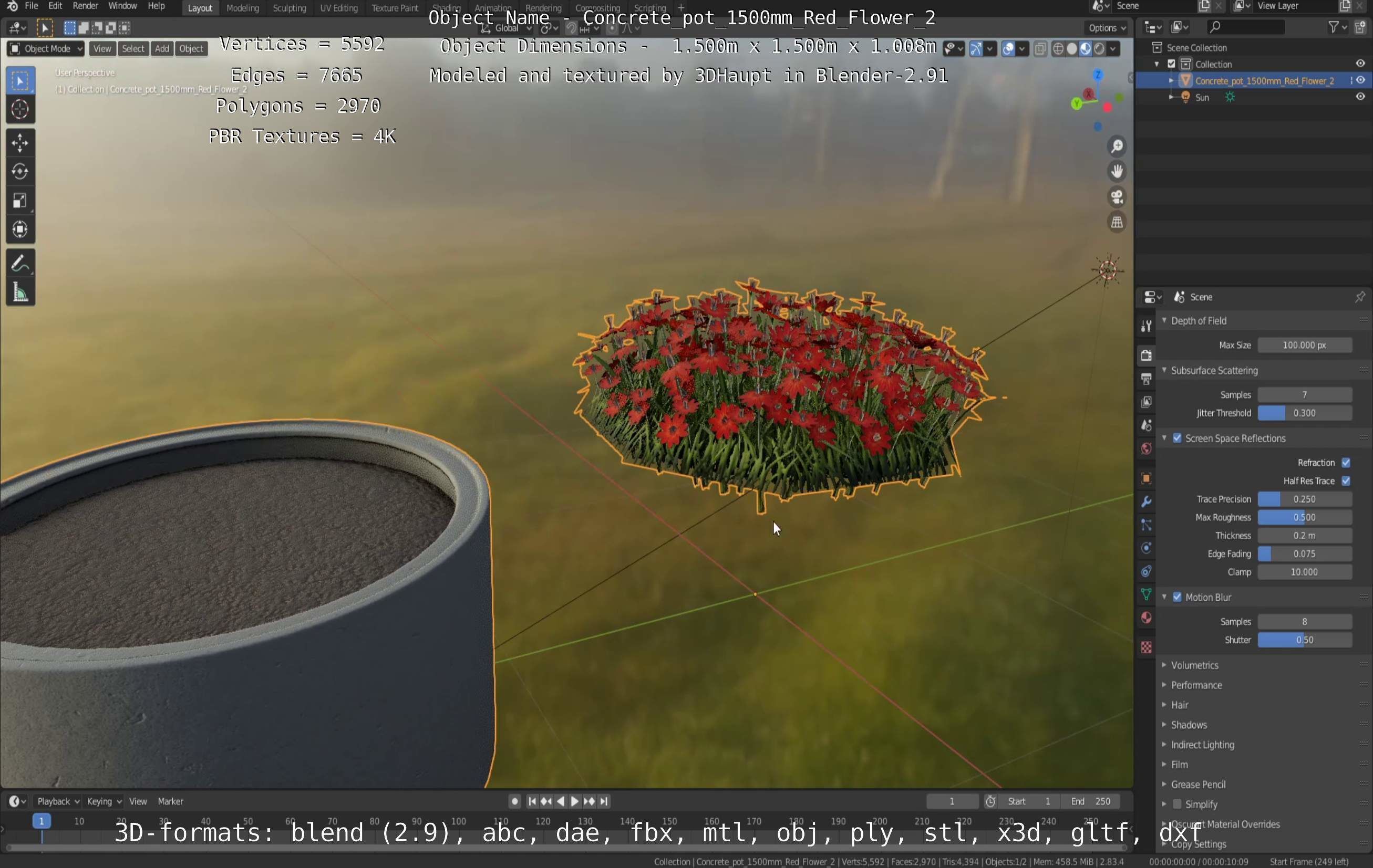 Concrete Pot 1500mm with Red Flowers Version 2 Low-poly 3D model_79