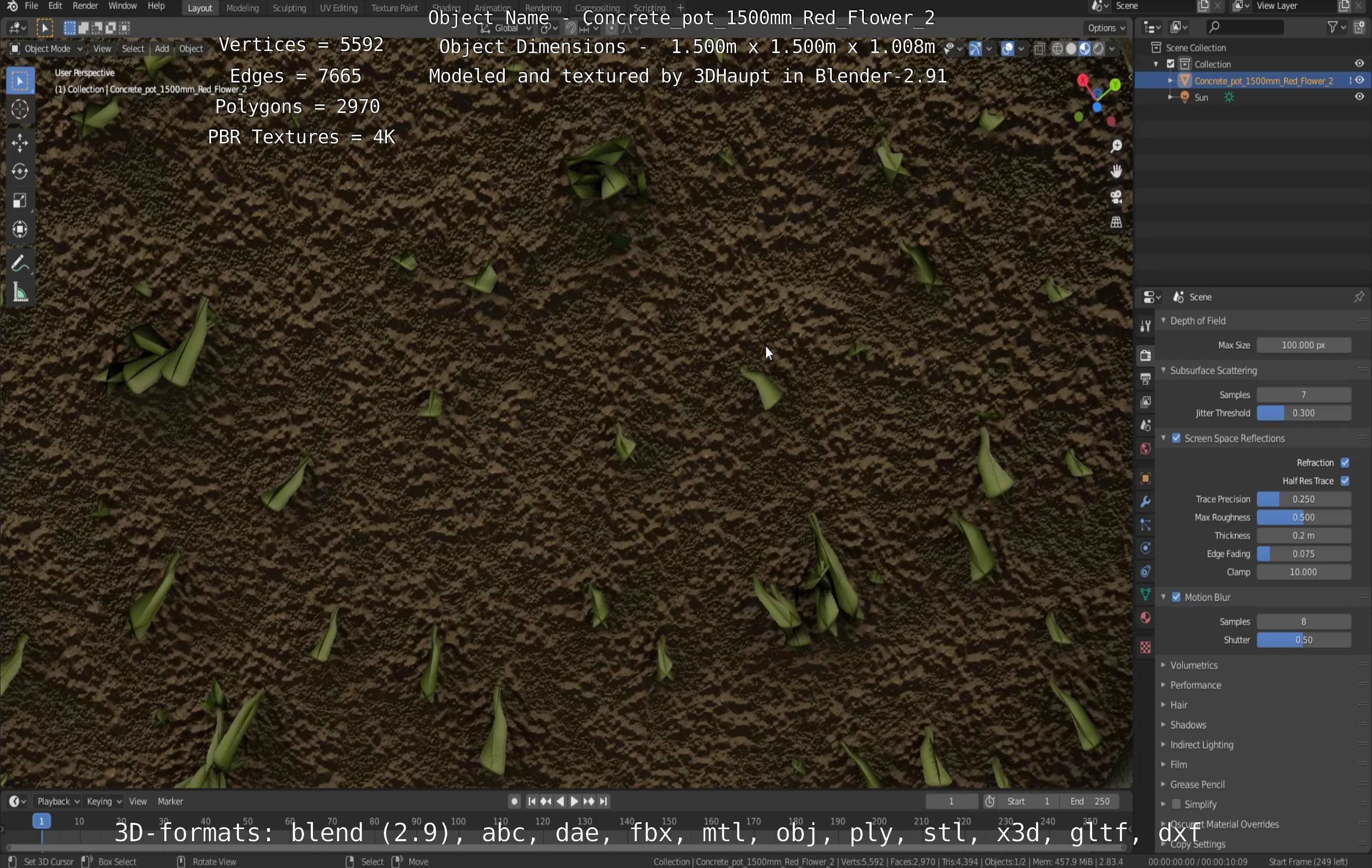 Concrete Pot 1500mm with Red Flowers Version 2 Low-poly 3D model_70