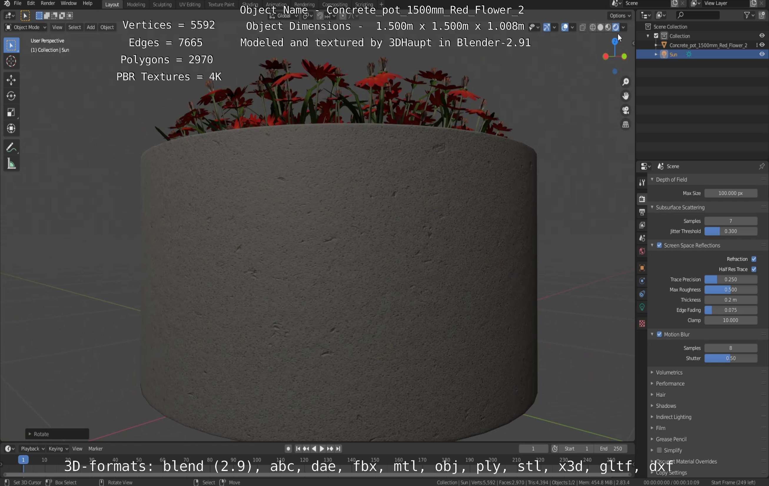 Concrete Pot 1500mm with Red Flowers Version 2 Low-poly 3D model_52