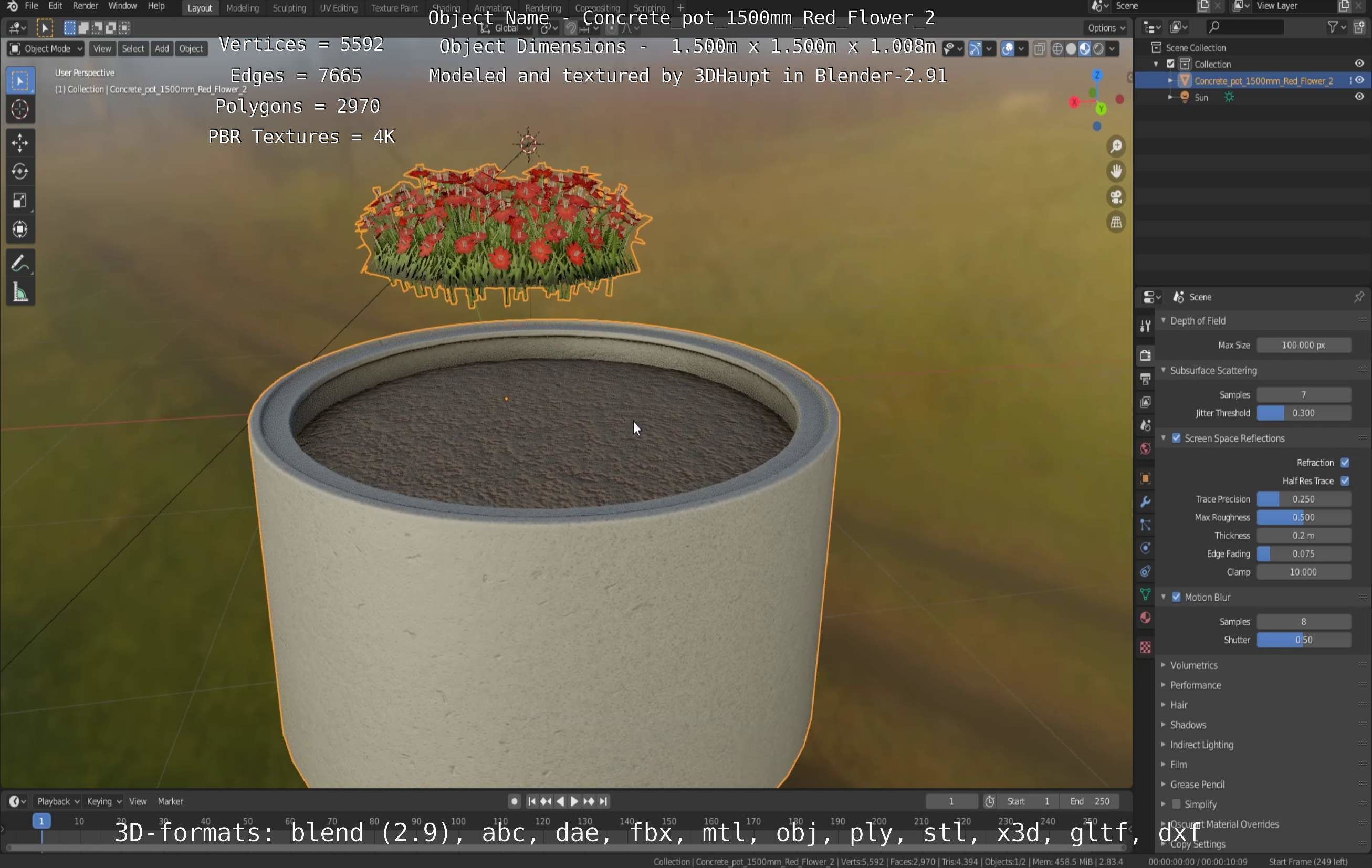 Concrete Pot 1500mm with Red Flowers Version 2 Low-poly 3D model_88