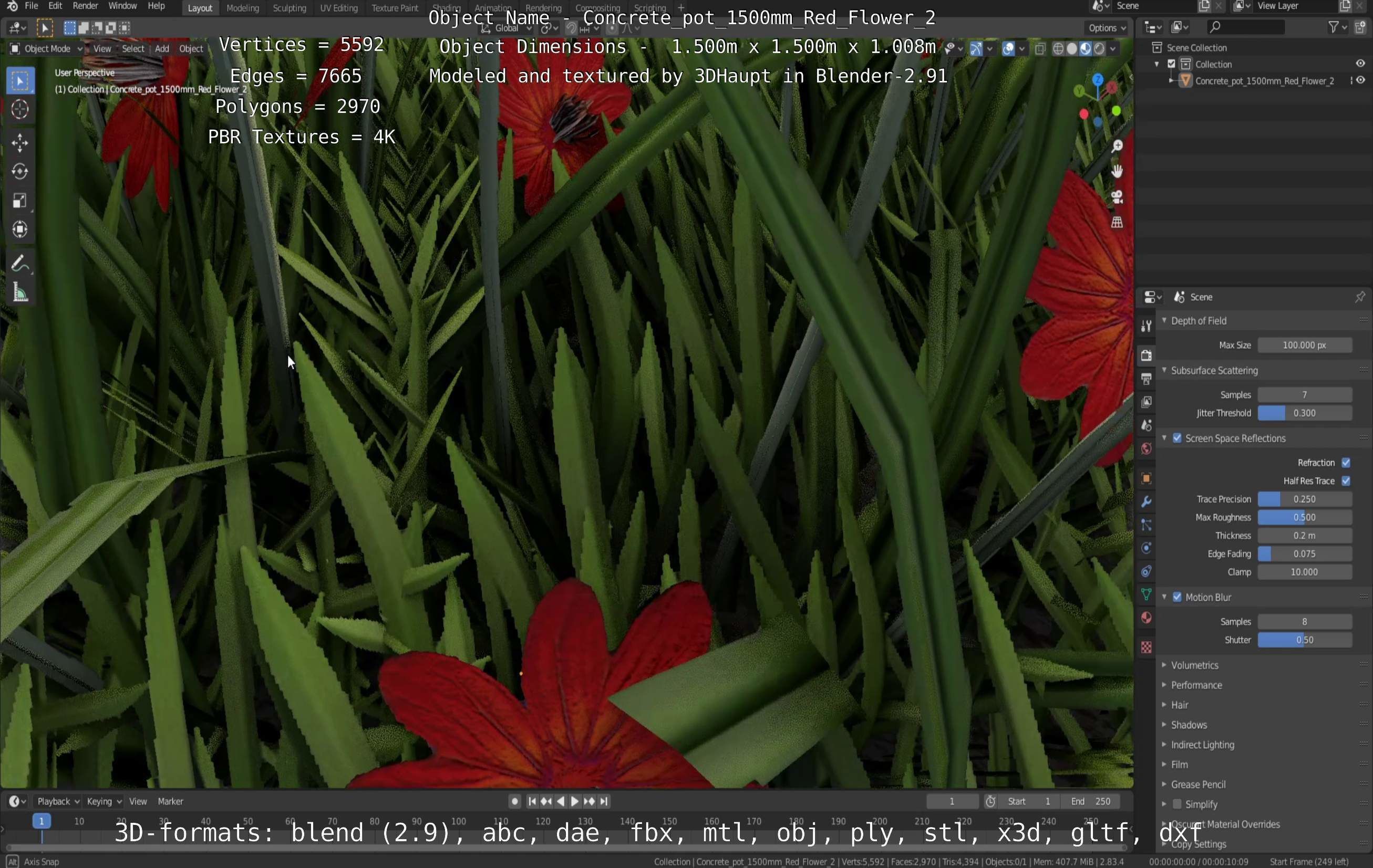 Concrete Pot 1500mm with Red Flowers Version 2 Low-poly 3D model_98