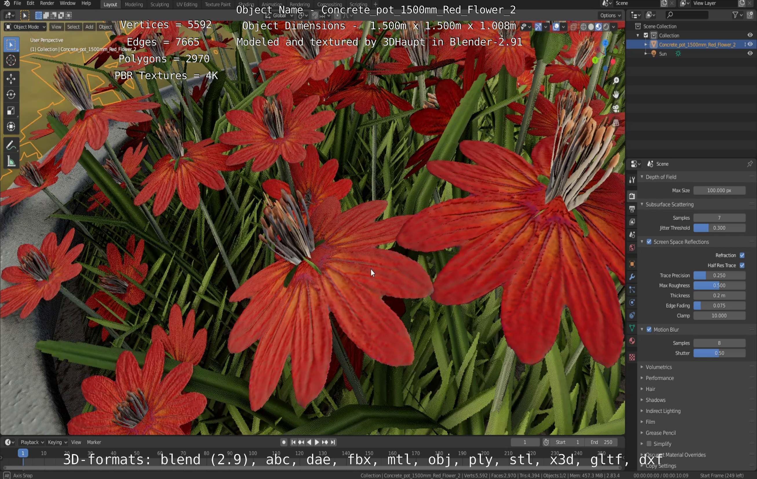 Concrete Pot 1500mm with Red Flowers Version 2 Low-poly 3D model_131