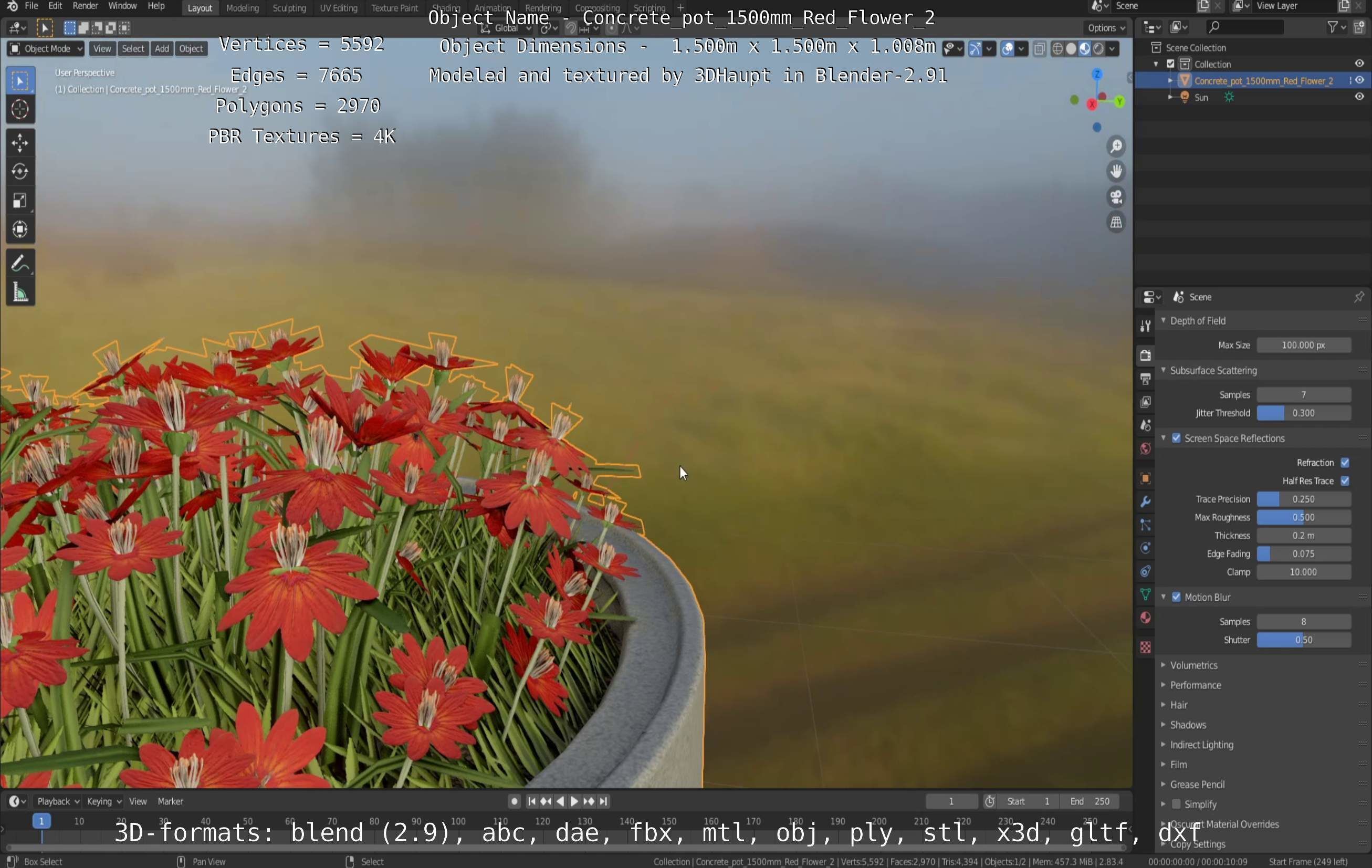 Concrete Pot 1500mm with Red Flowers Version 2 Low-poly 3D model_61