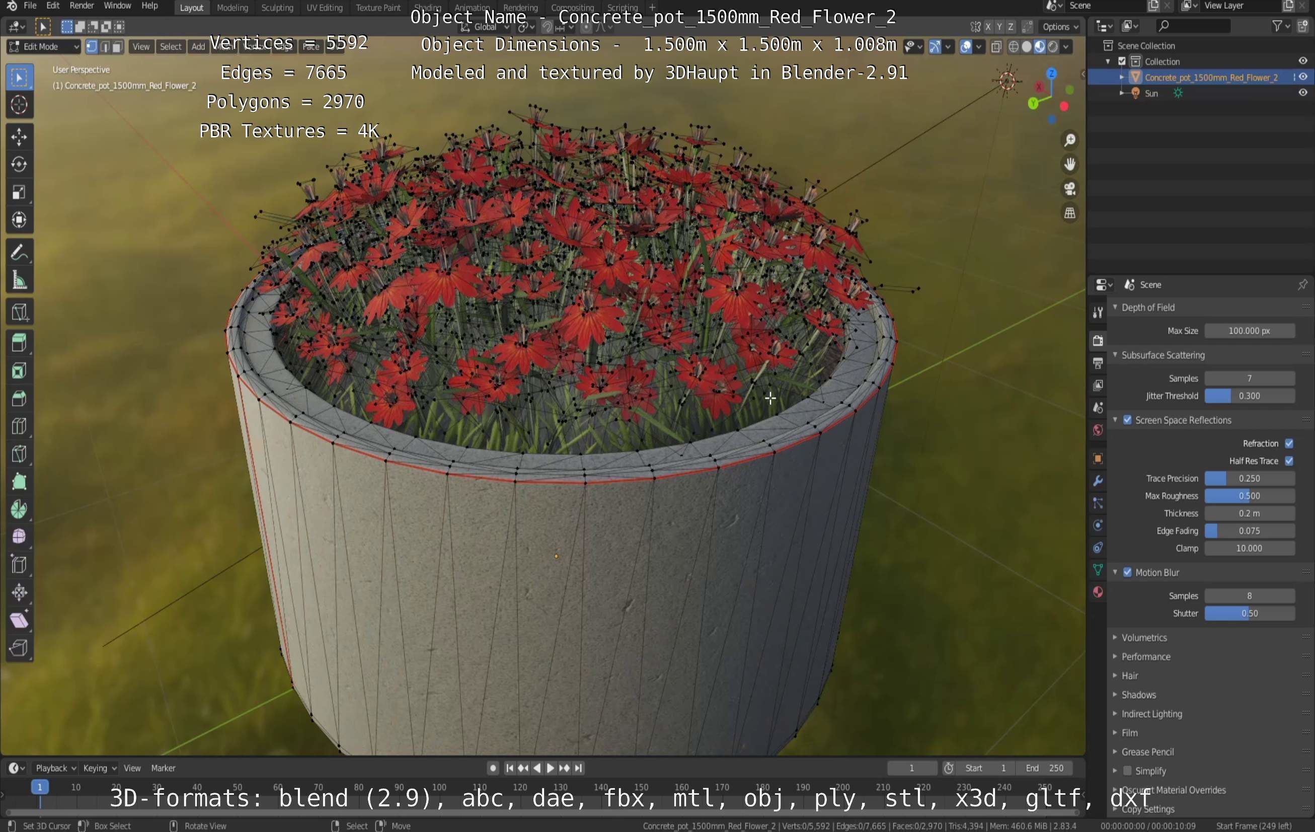 Concrete Pot 1500mm with Red Flowers Version 2 Low-poly 3D model_123