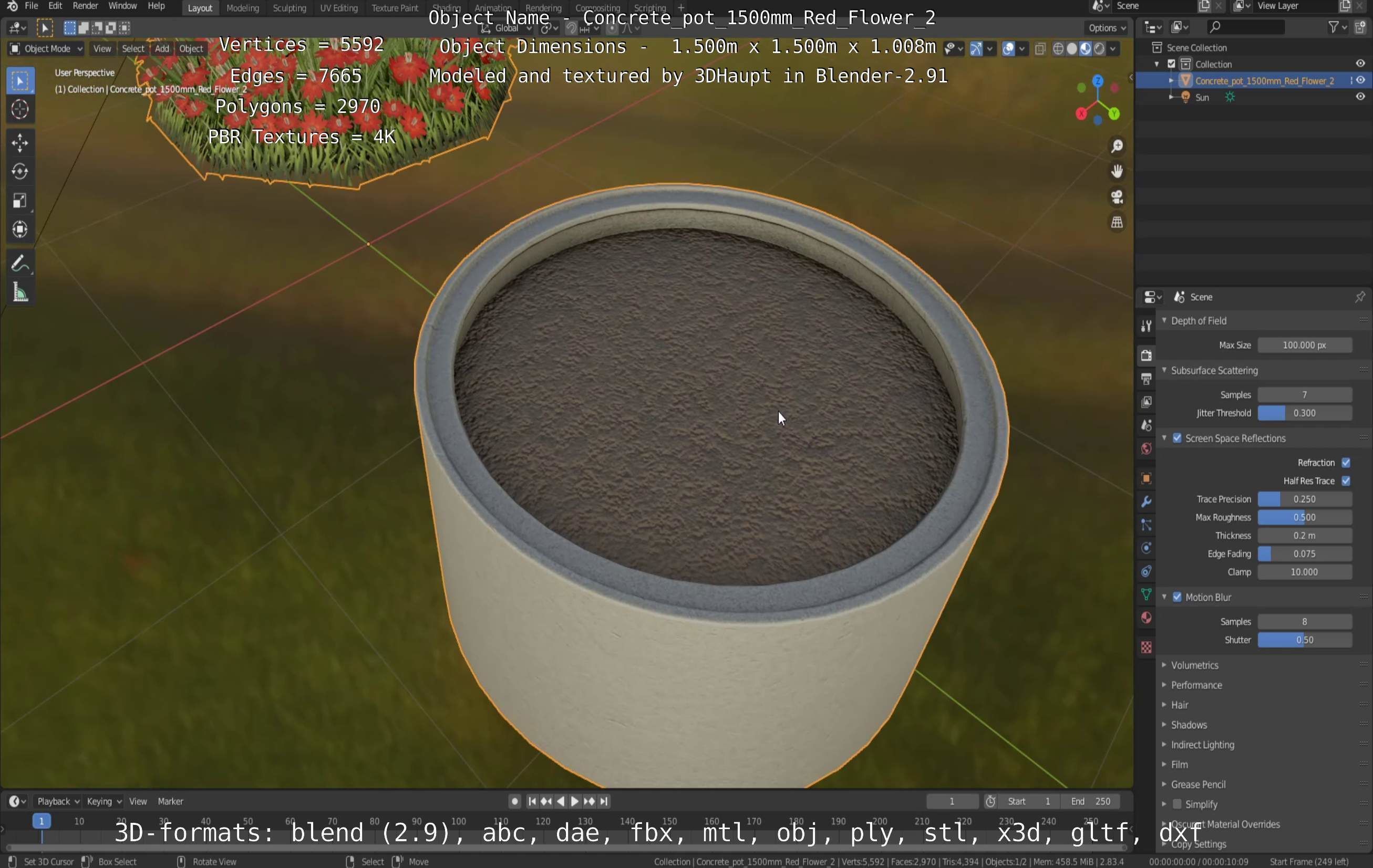 Concrete Pot 1500mm with Red Flowers Version 2 Low-poly 3D model_83