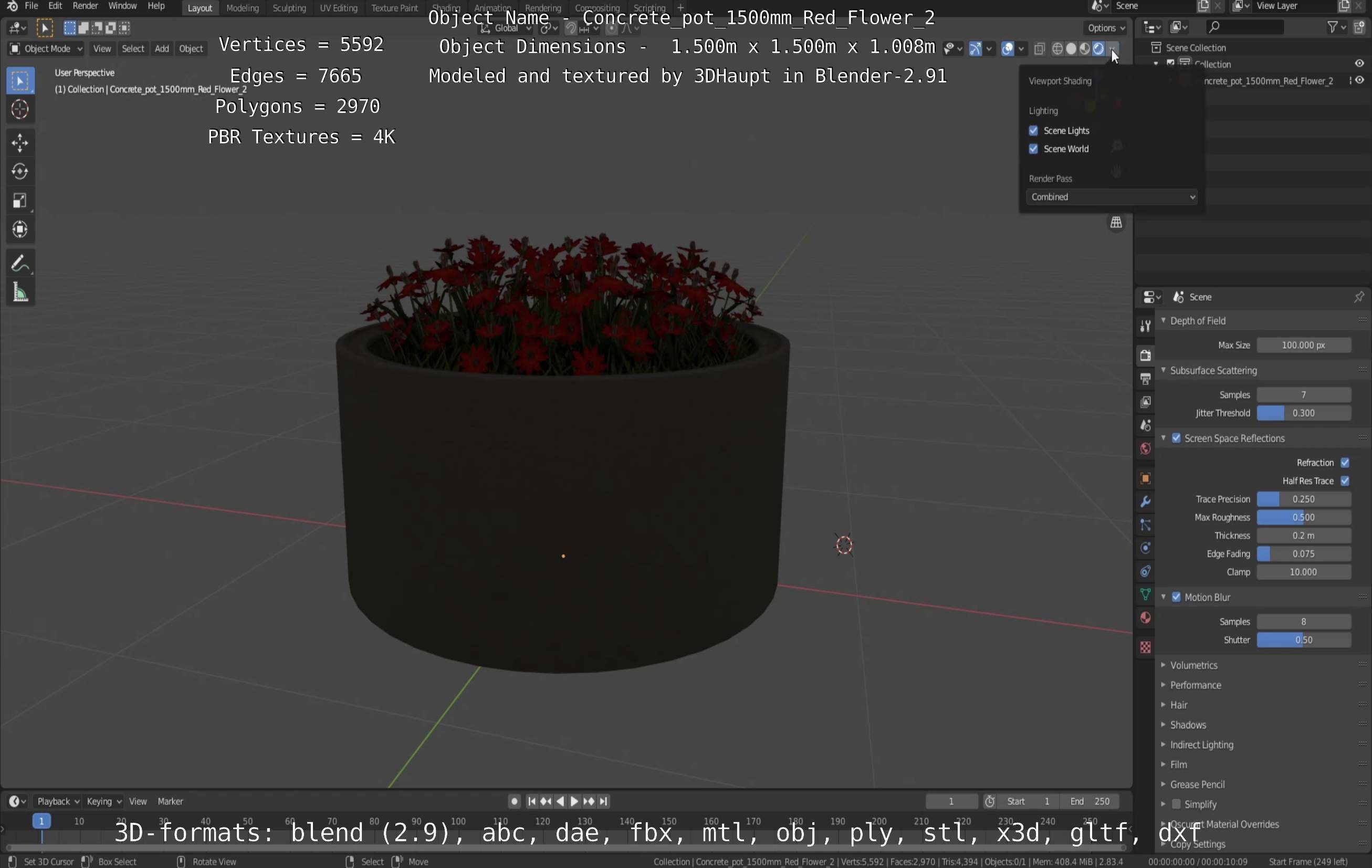 Concrete Pot 1500mm with Red Flowers Version 2 Low-poly 3D model_107