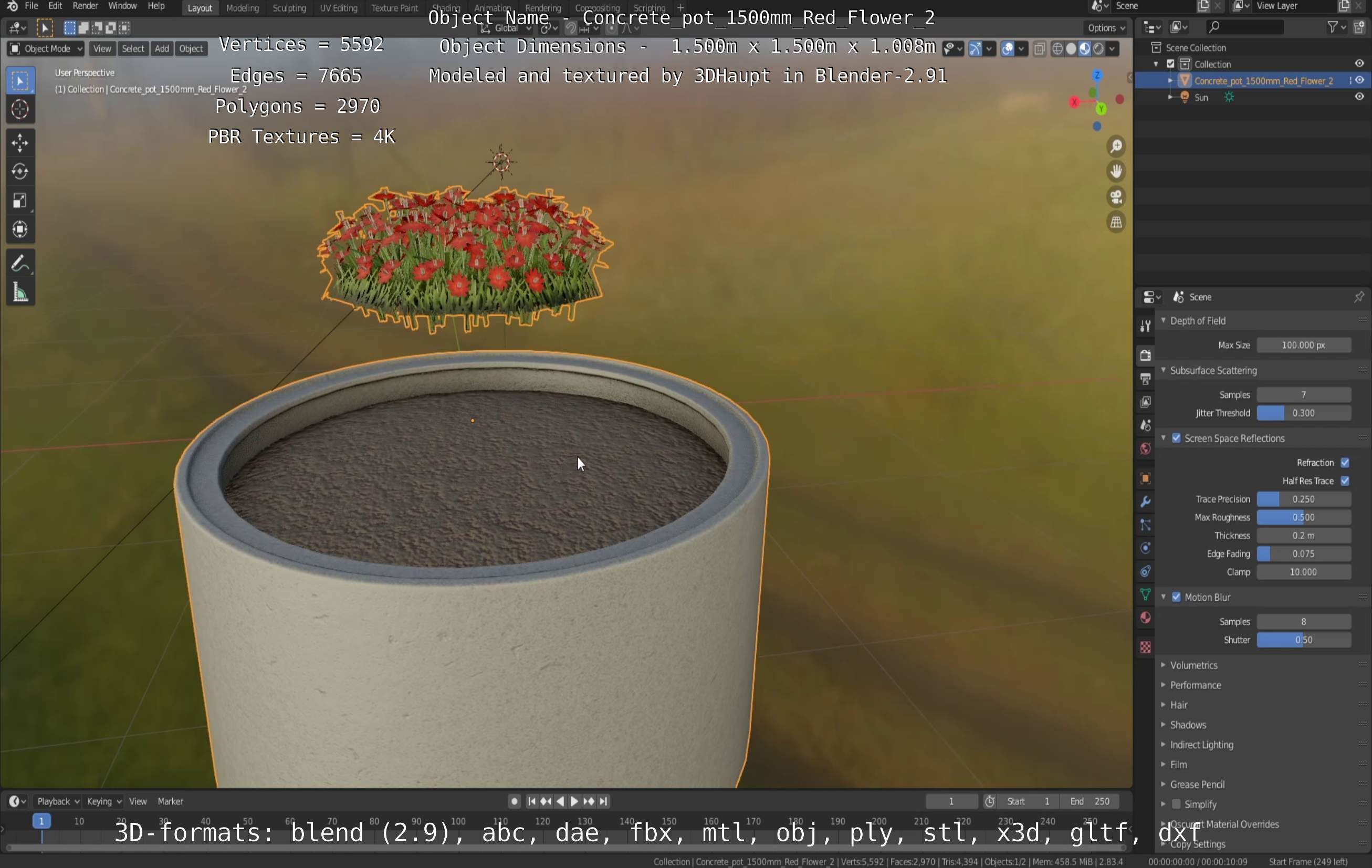 Concrete Pot 1500mm with Red Flowers Version 2 Low-poly 3D model_87