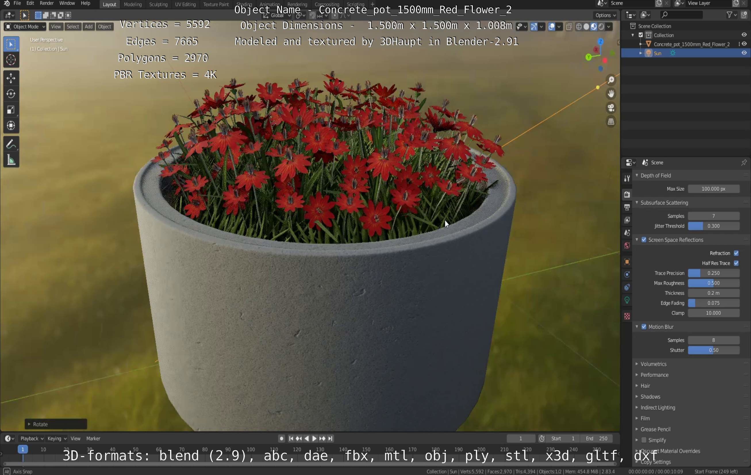 Concrete Pot 1500mm with Red Flowers Version 2 Low-poly 3D model_118