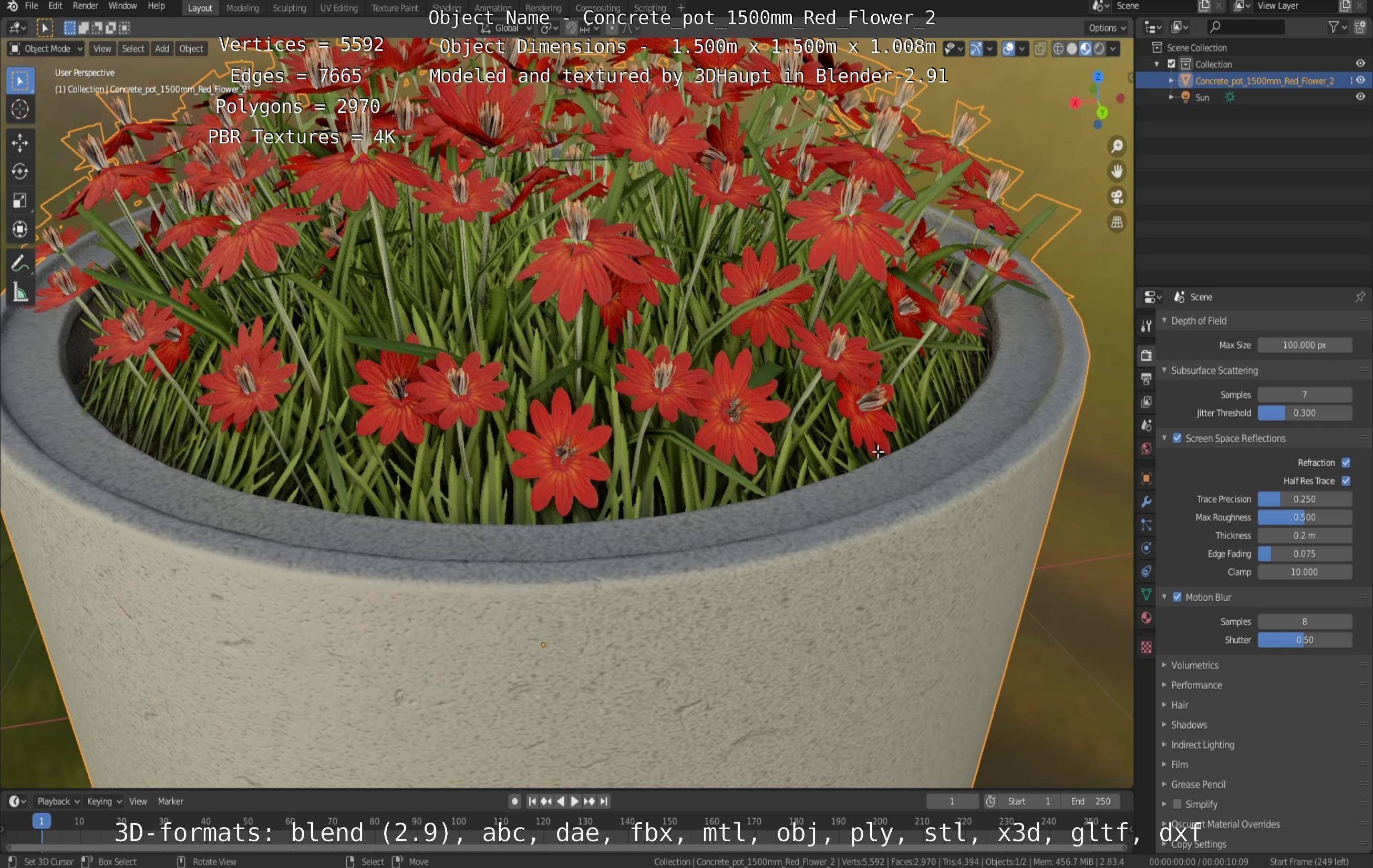 Concrete Pot 1500mm with Red Flowers Version 2 Low-poly 3D model_125