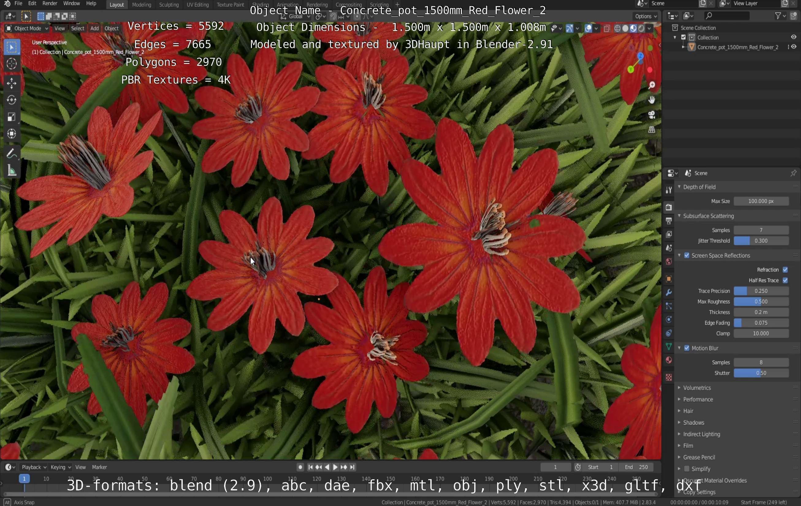 Concrete Pot 1500mm with Red Flowers Version 2 Low-poly 3D model_96