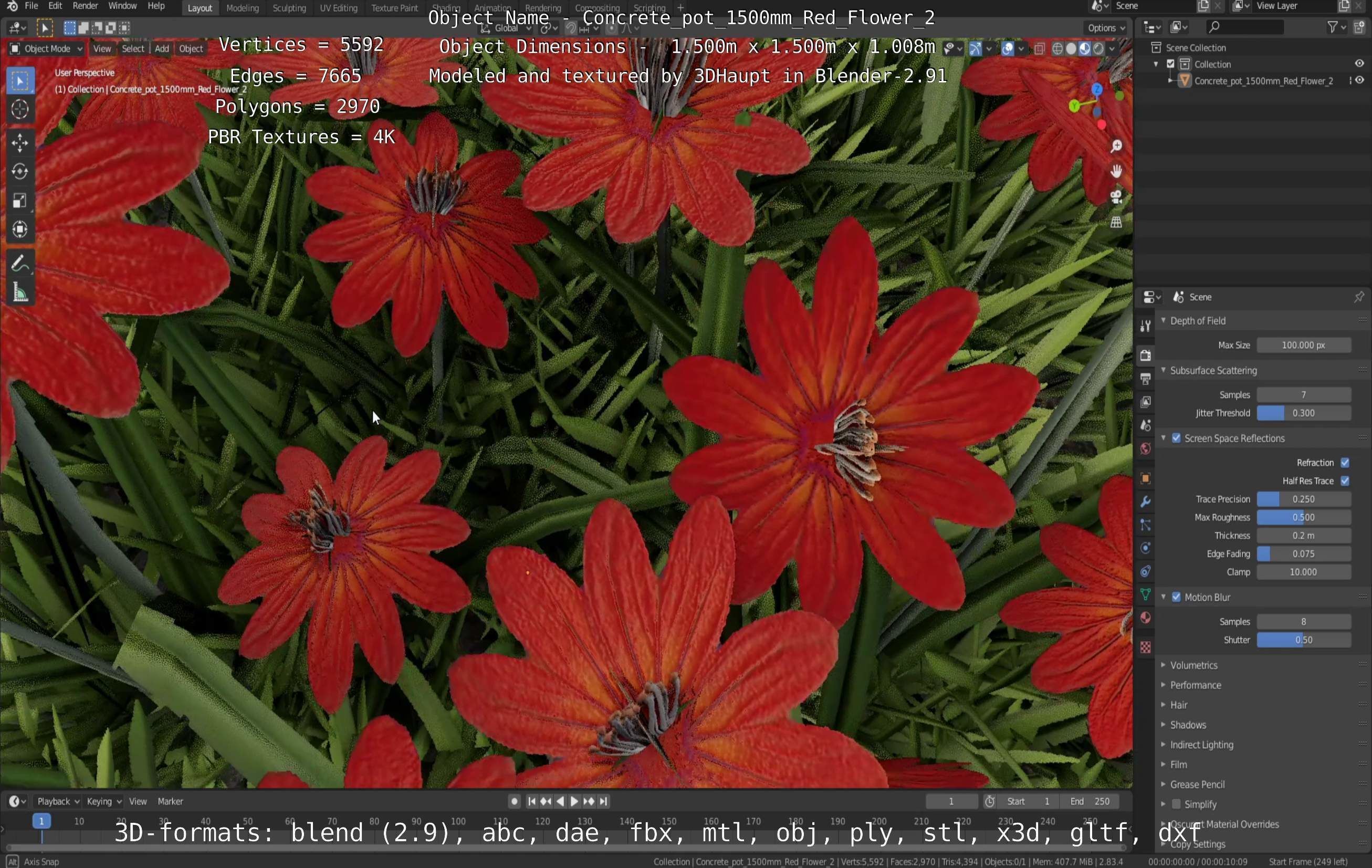 Concrete Pot 1500mm with Red Flowers Version 2 Low-poly 3D model_40