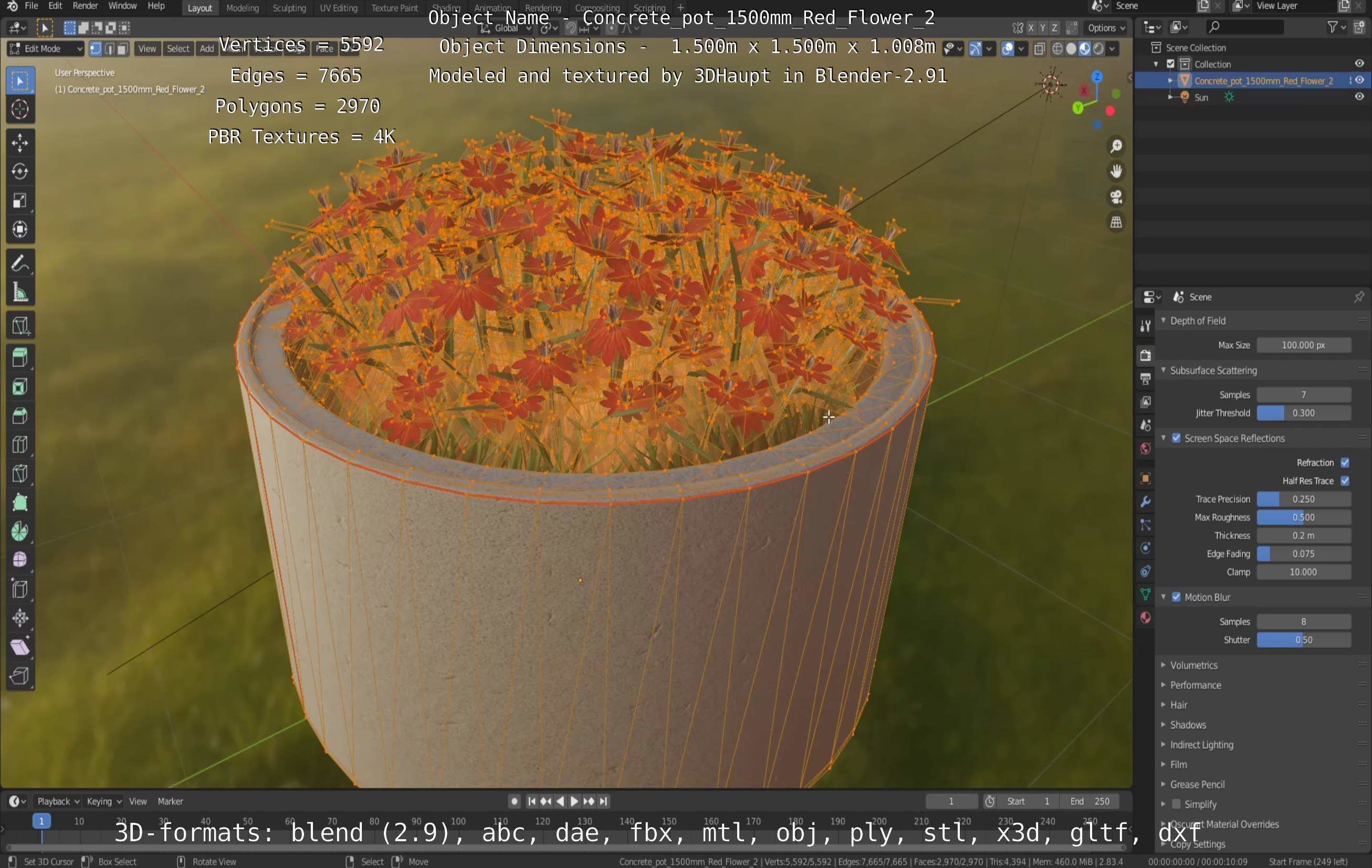 Concrete Pot 1500mm with Red Flowers Version 2 Low-poly 3D model_121
