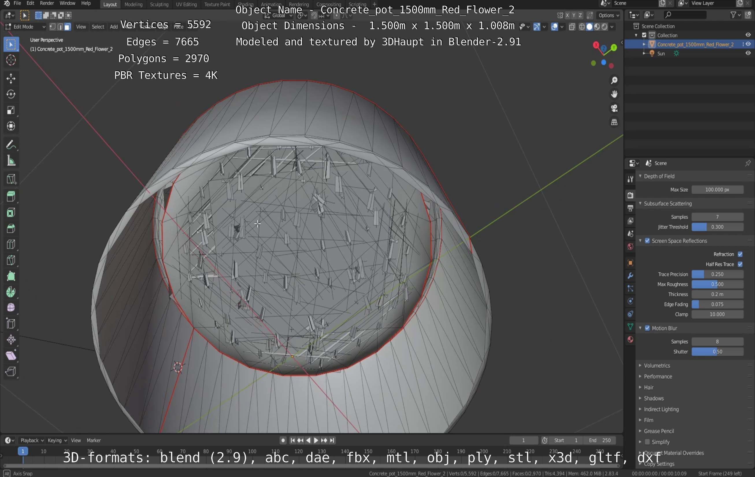 Concrete Pot 1500mm with Red Flowers Version 2 Low-poly 3D model_138