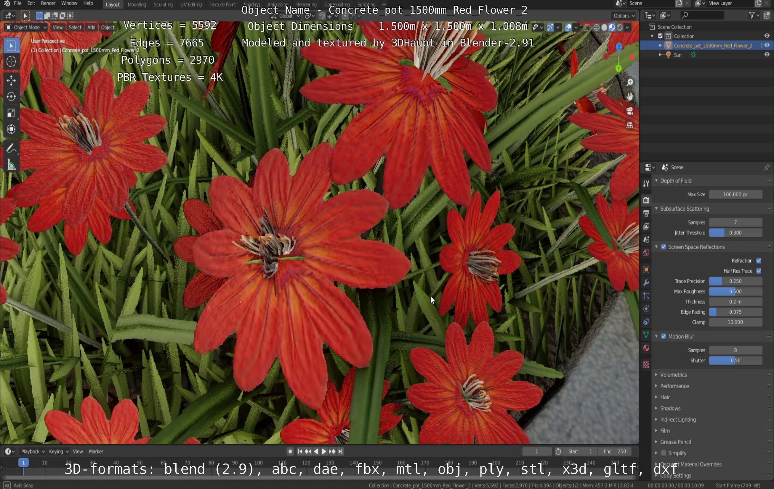 Concrete Pot 1500mm with Red Flowers Version 2 Low-poly 3D model_59