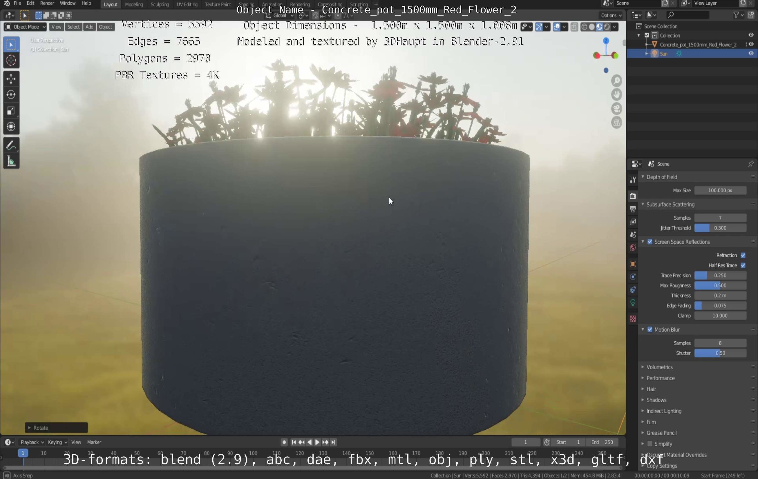 Concrete Pot 1500mm with Red Flowers Version 2 Low-poly 3D model_116