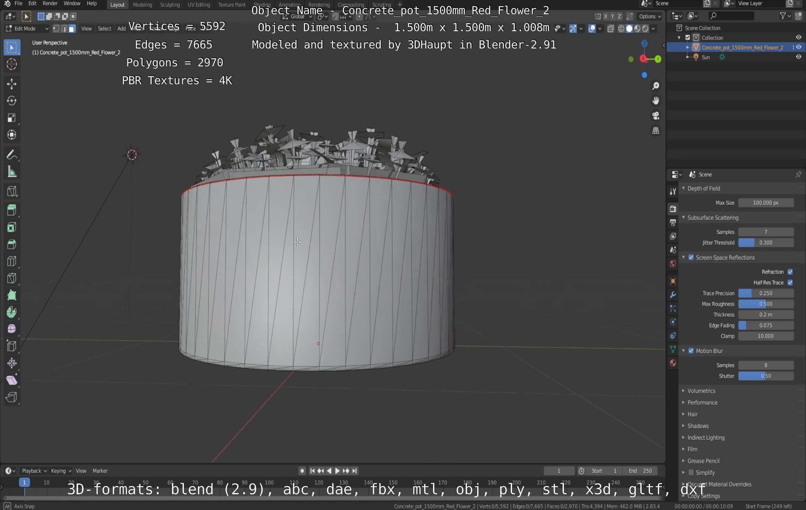 Concrete Pot 1500mm with Red Flowers Version 2 Low-poly 3D model_11