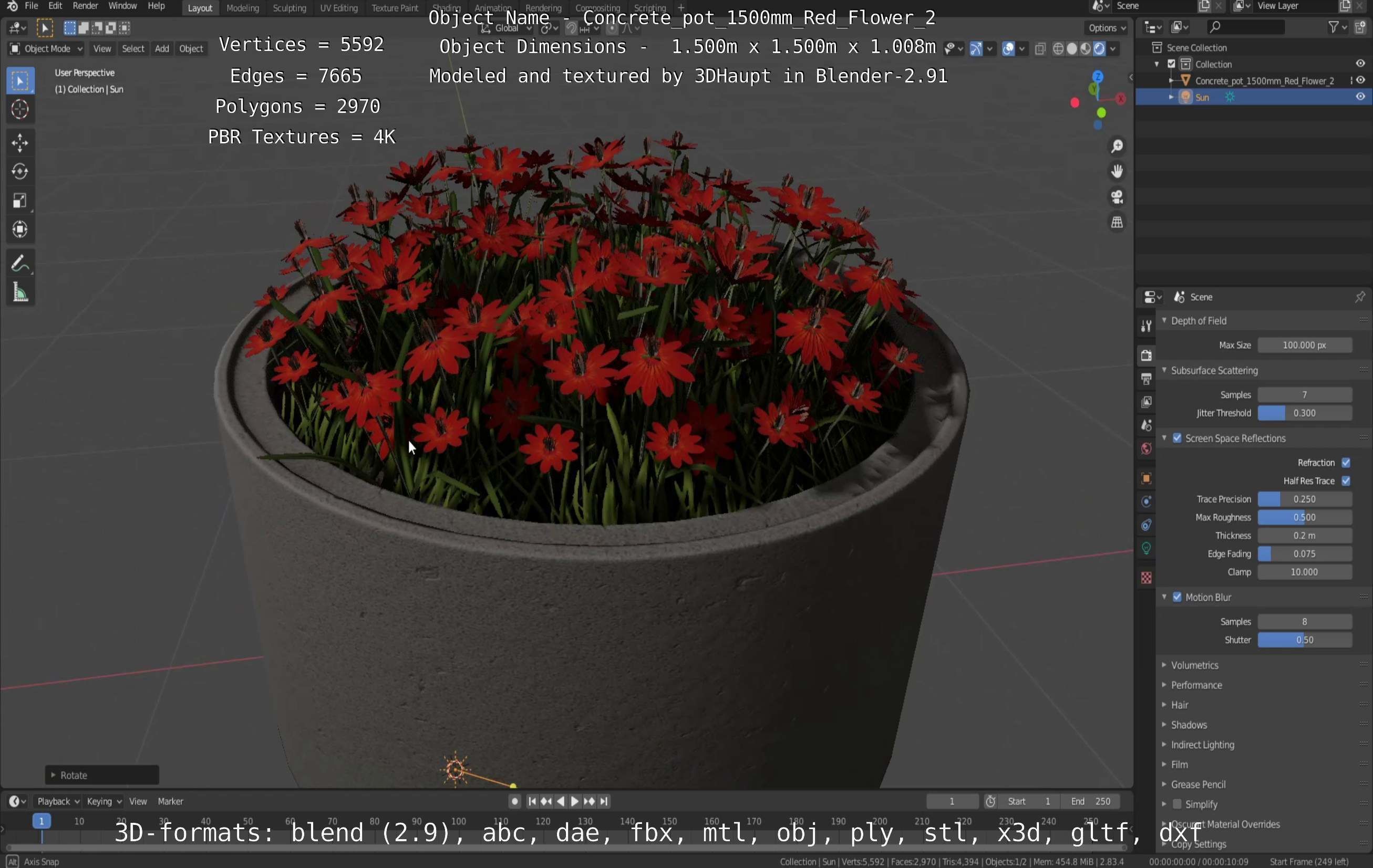 Concrete Pot 1500mm with Red Flowers Version 2 Low-poly 3D model_51