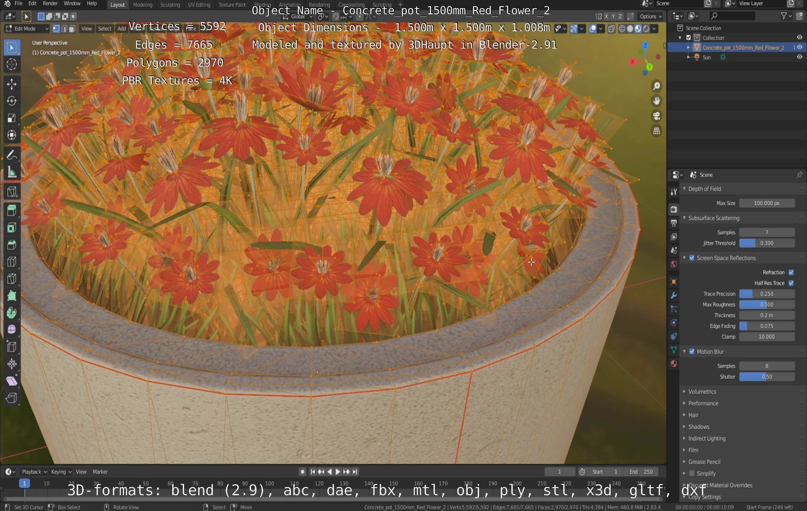 Concrete Pot 1500mm with Red Flowers Version 2 Low-poly 3D model_56