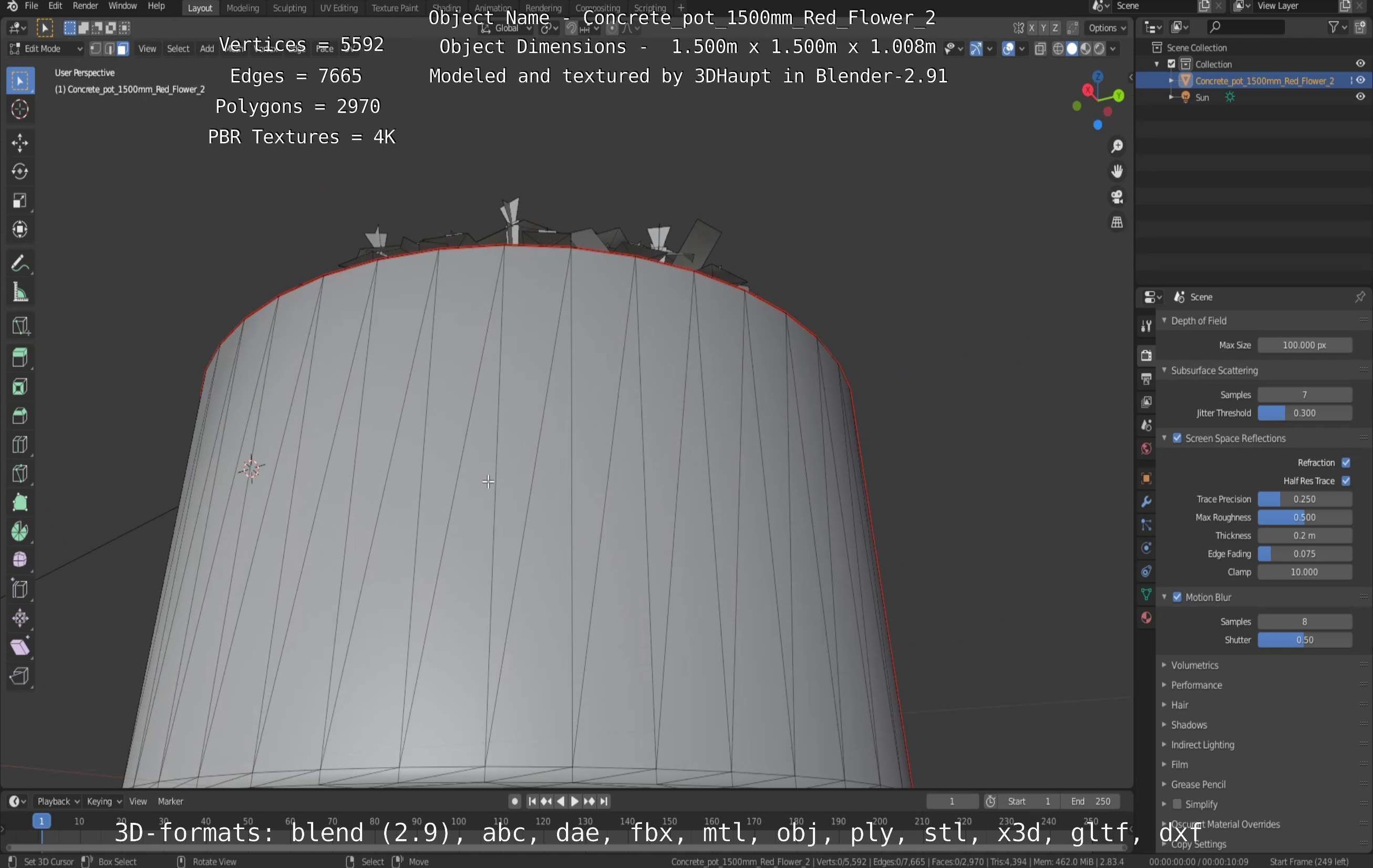 Concrete Pot 1500mm with Red Flowers Version 2 Low-poly 3D model_137