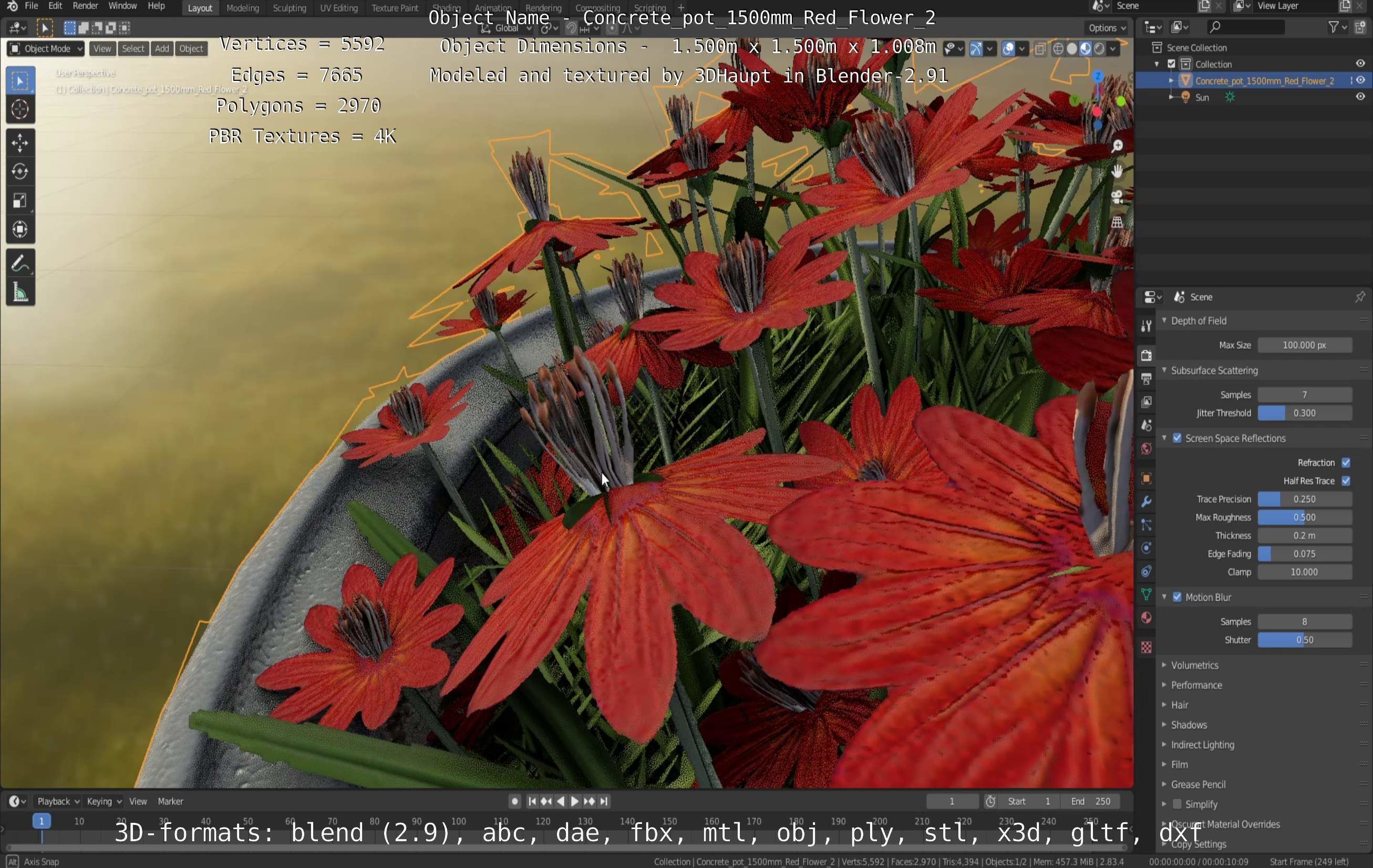 Concrete Pot 1500mm with Red Flowers Version 2 Low-poly 3D model_57