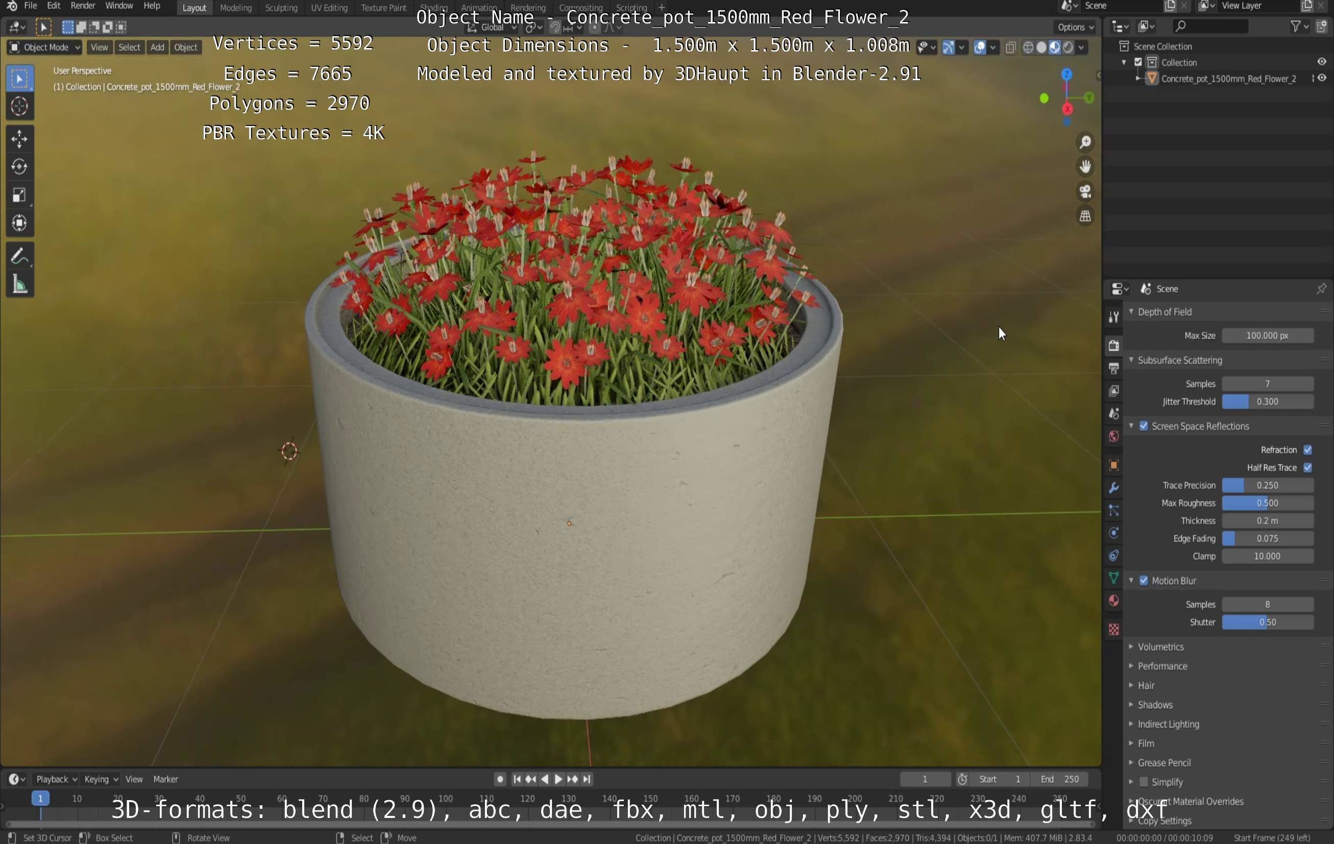 Concrete Pot 1500mm with Red Flowers Version 2 Low-poly 3D model_33