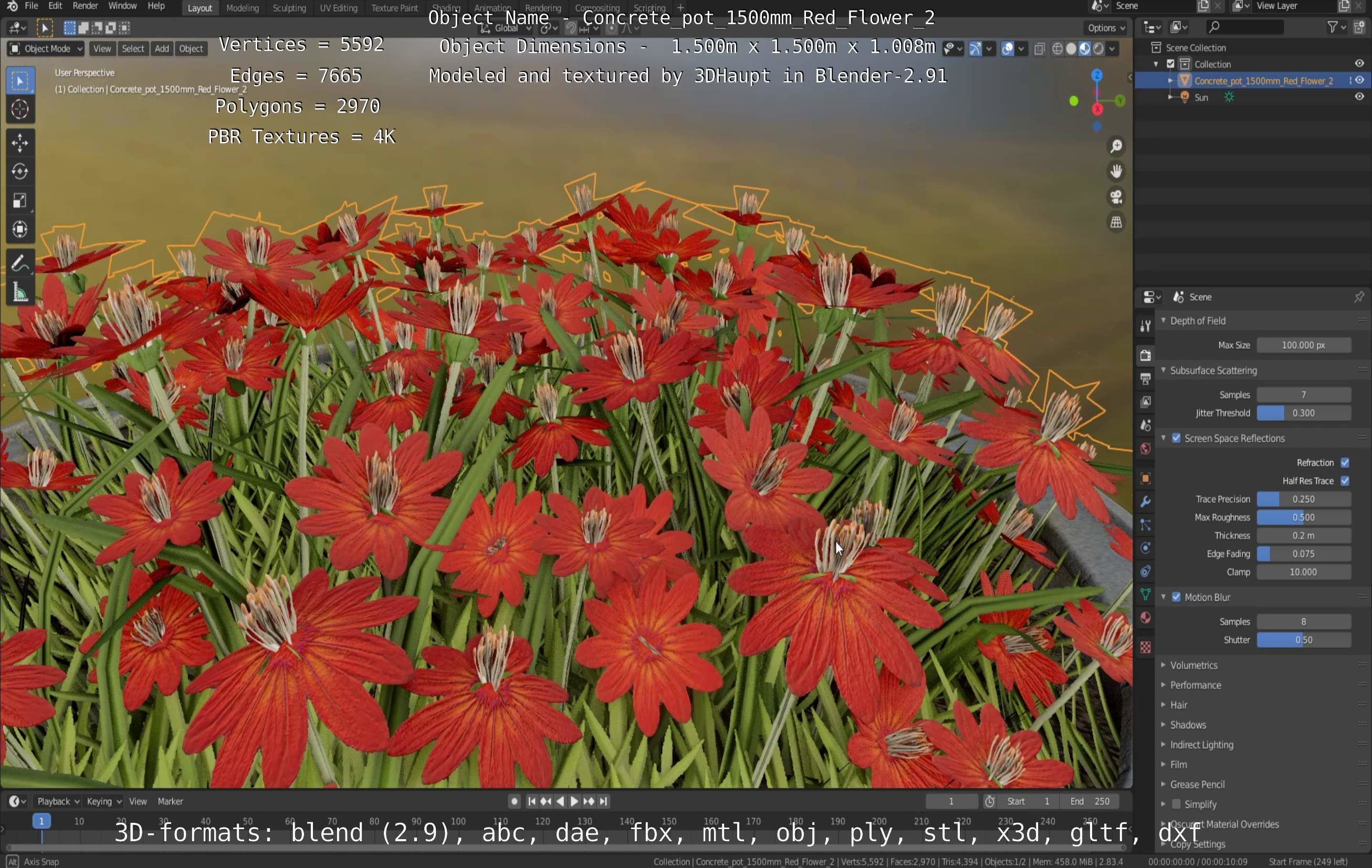 Concrete Pot 1500mm with Red Flowers Version 2 Low-poly 3D model_18