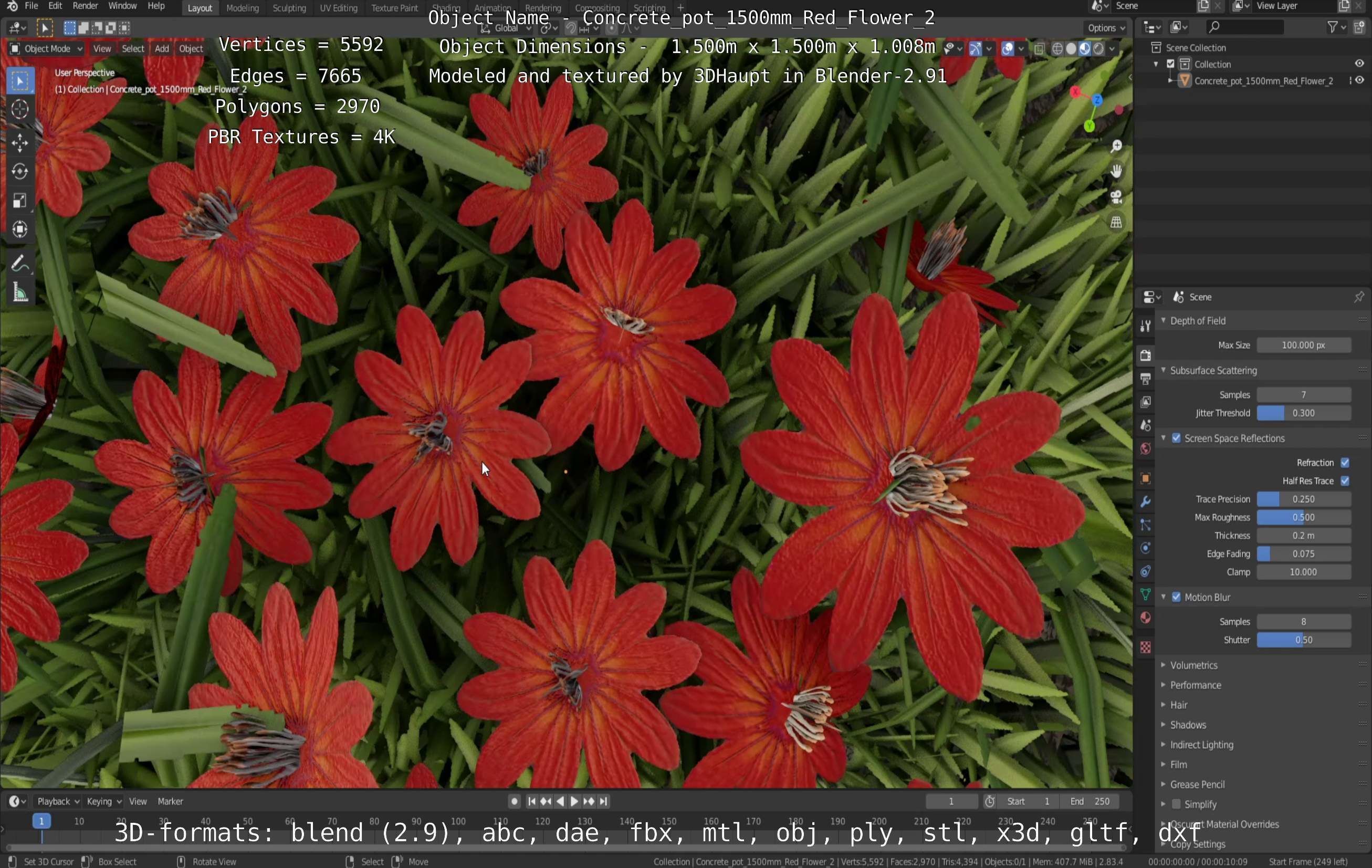 Concrete Pot 1500mm with Red Flowers Version 2 Low-poly 3D model_94
