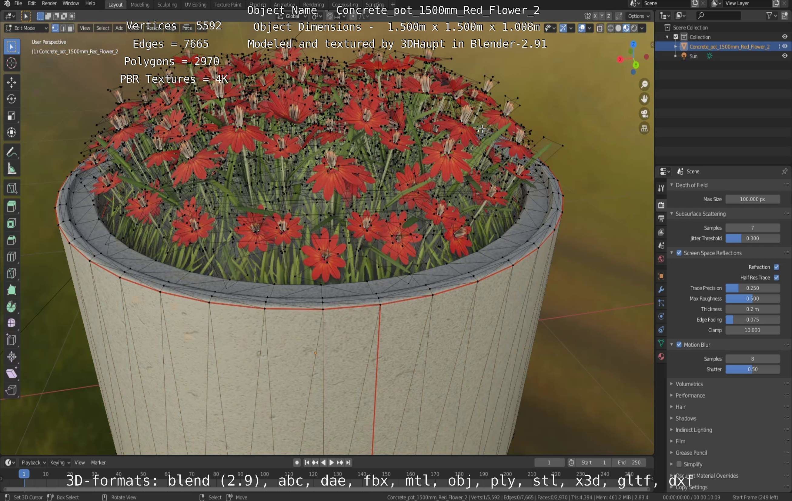 Concrete Pot 1500mm with Red Flowers Version 2 Low-poly 3D model_13