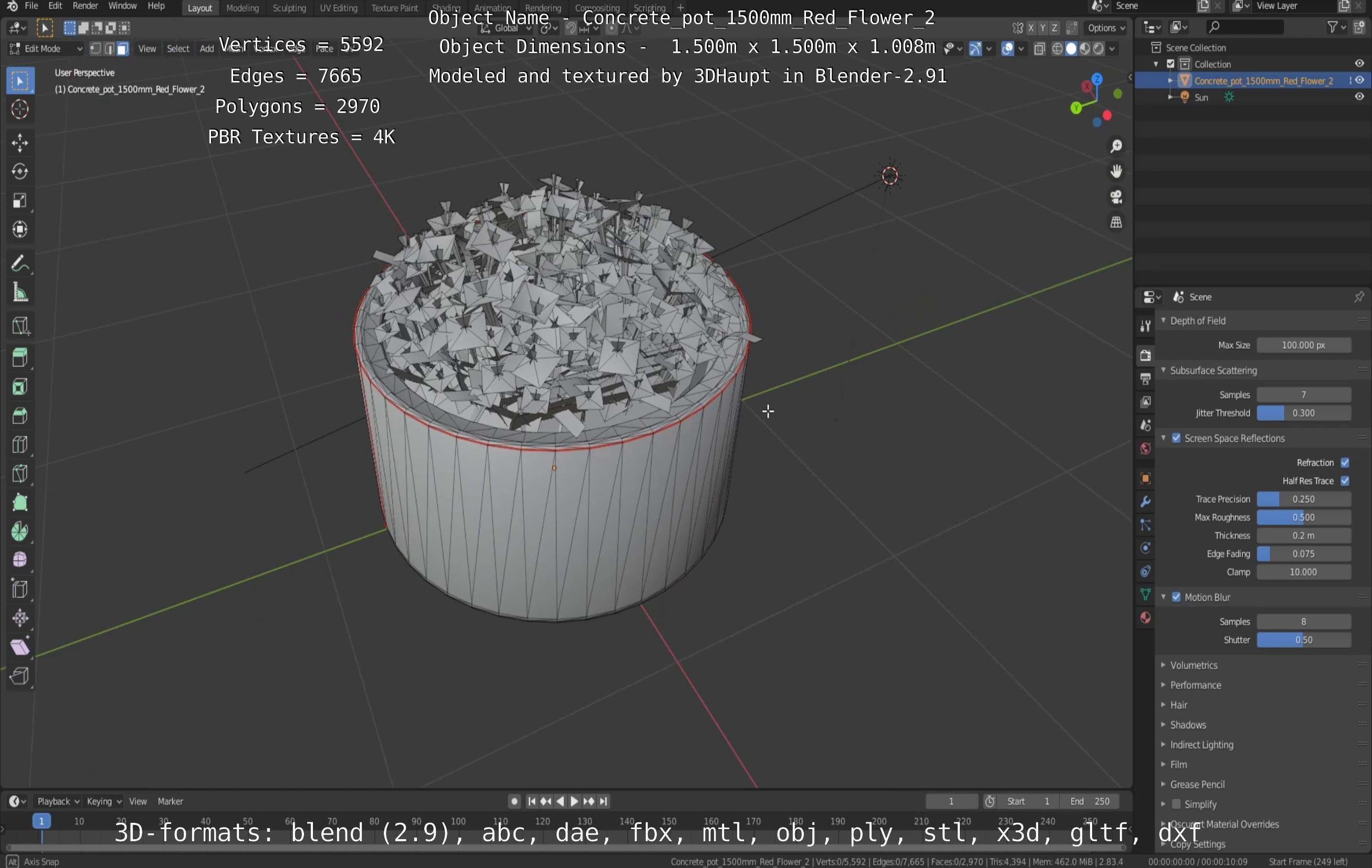Concrete Pot 1500mm with Red Flowers Version 2 Low-poly 3D model_9