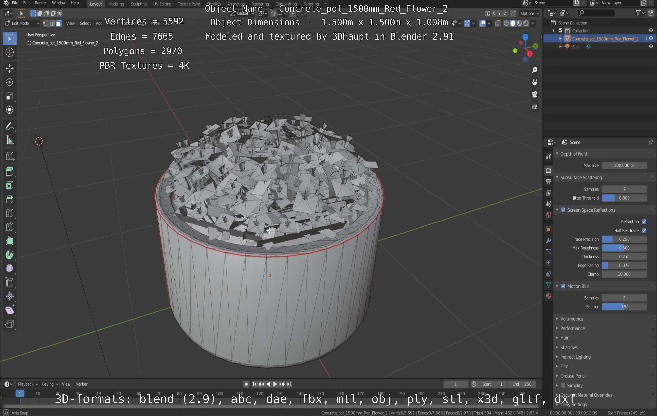 Concrete Pot 1500mm with Red Flowers Version 2 Low-poly 3D model_10