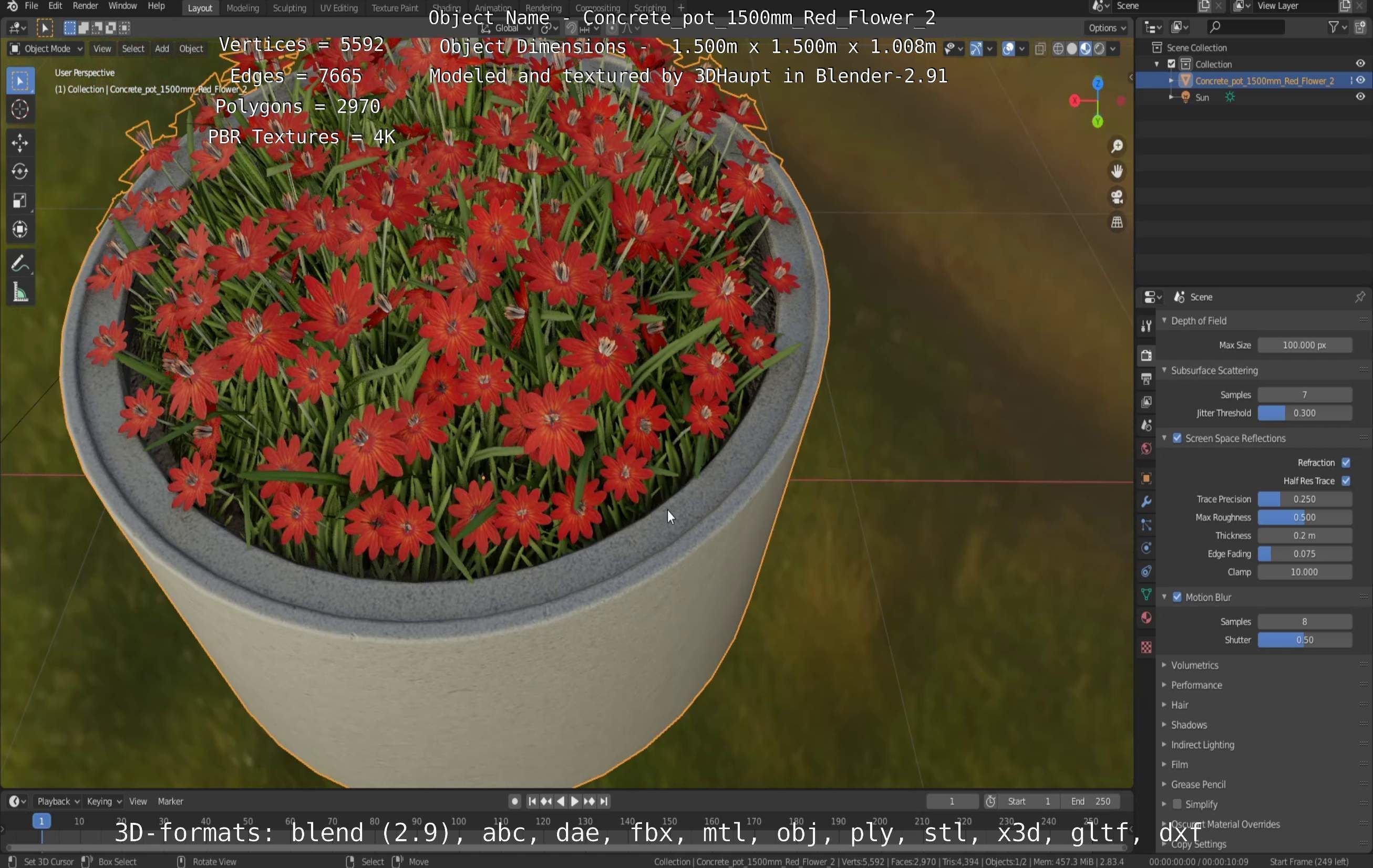 Concrete Pot 1500mm with Red Flowers Version 2 Low-poly 3D model_60